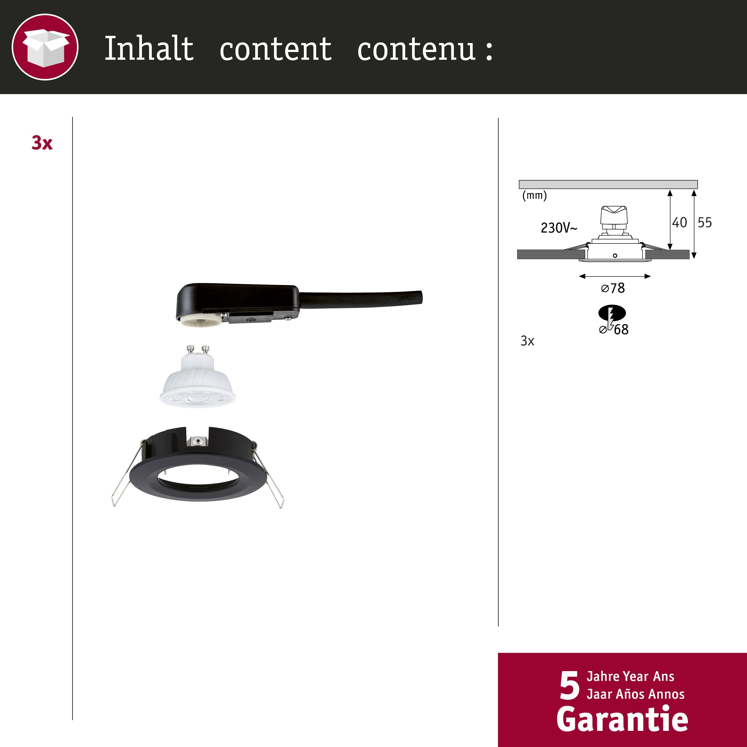 Paulmann Nova 92339 Einbauleuchten schwarz 3er-Set 4000K neutralweiß