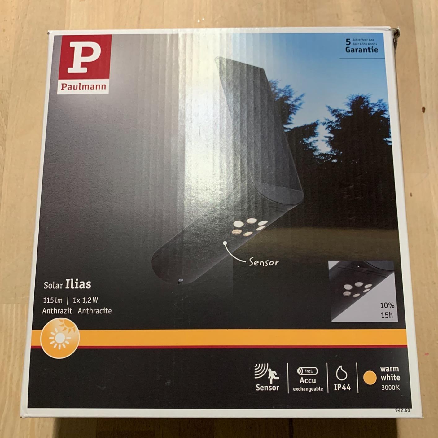 Paulmann Ilias 94260 Solar Wandleuchte Anthrazit warmweiß