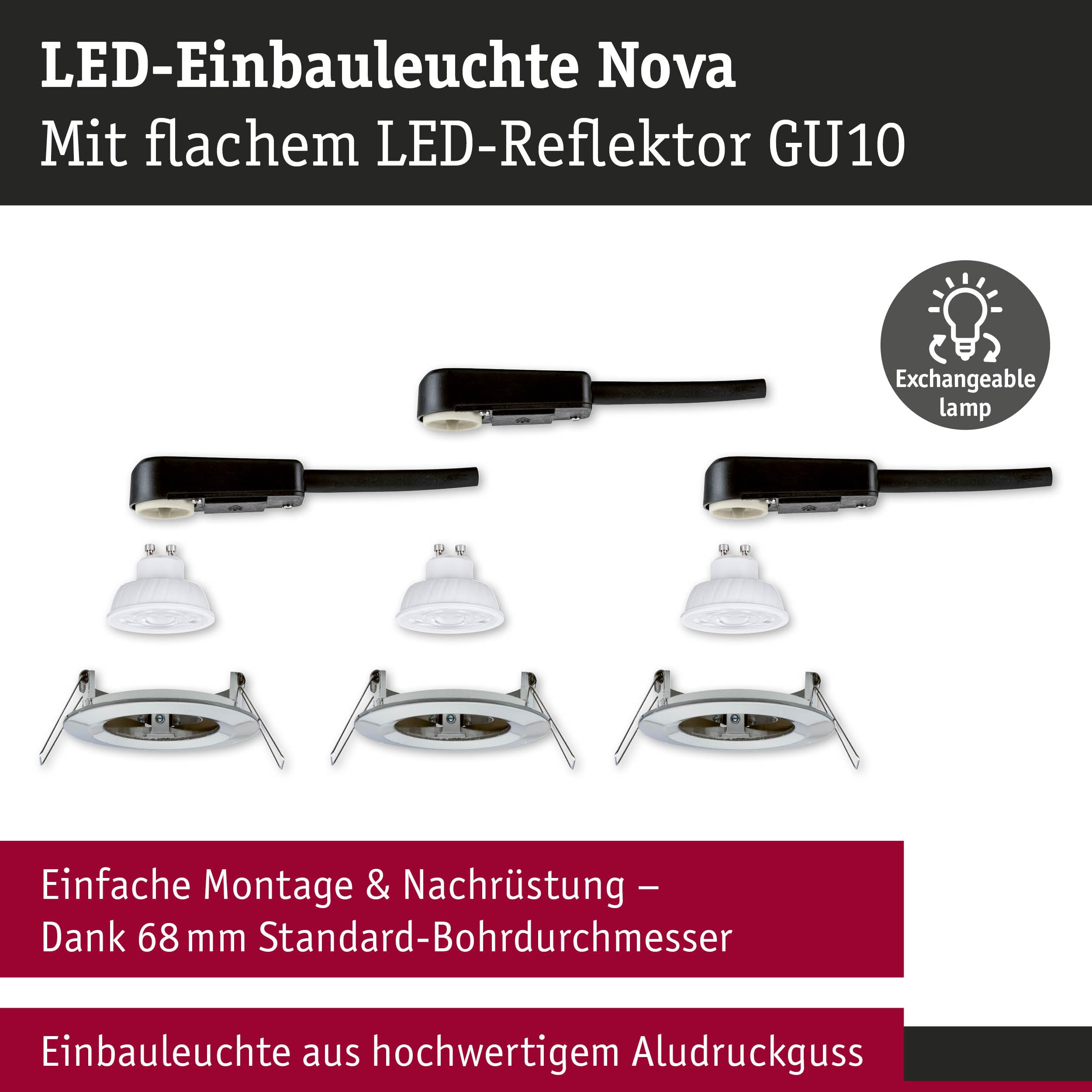 Paulmann Nova GU10 Flat 92279 Einbauleuchte 3er-Set IP44
