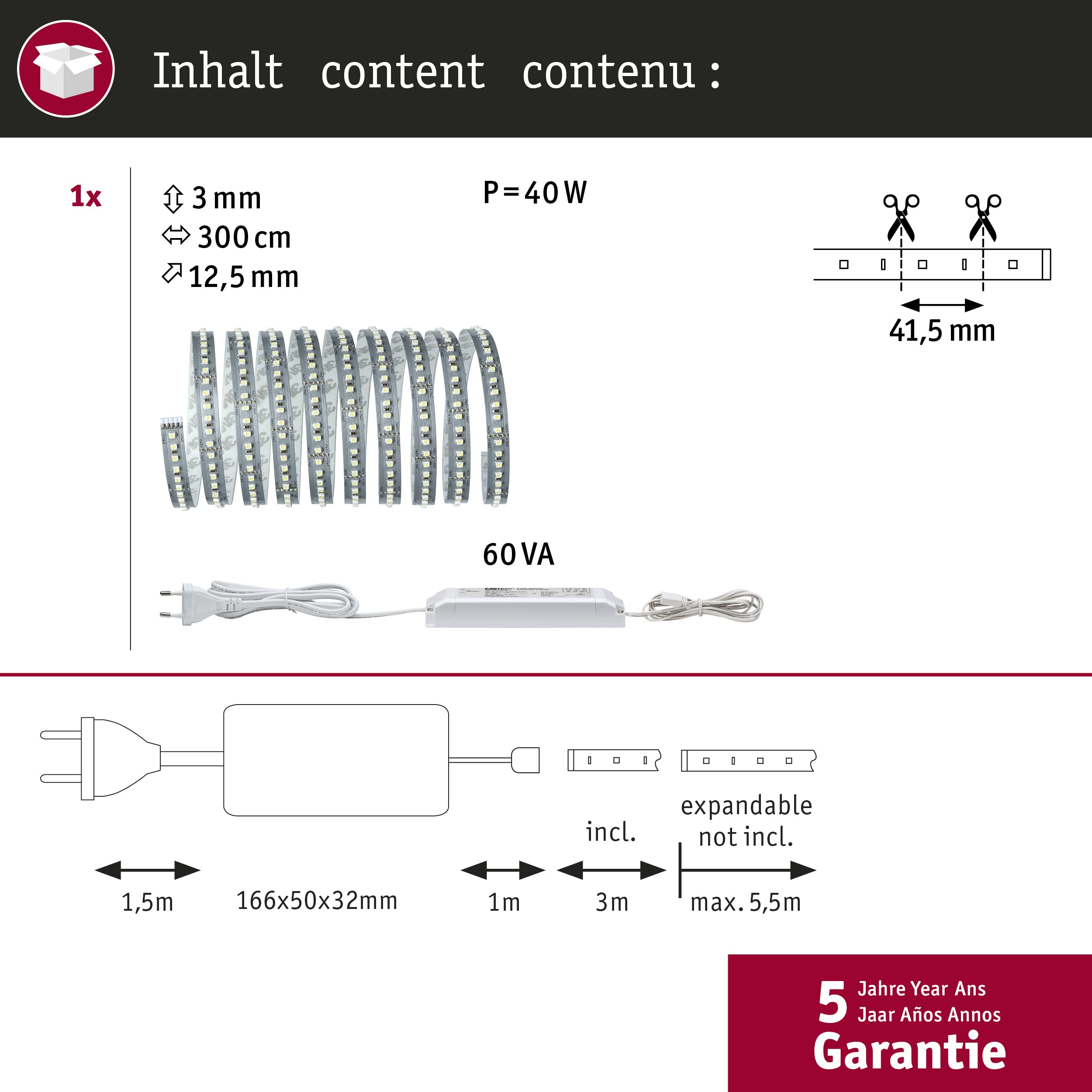 Paulmann MaxLED 705.89 LED-Streifen Basisset 3m 2700K silber