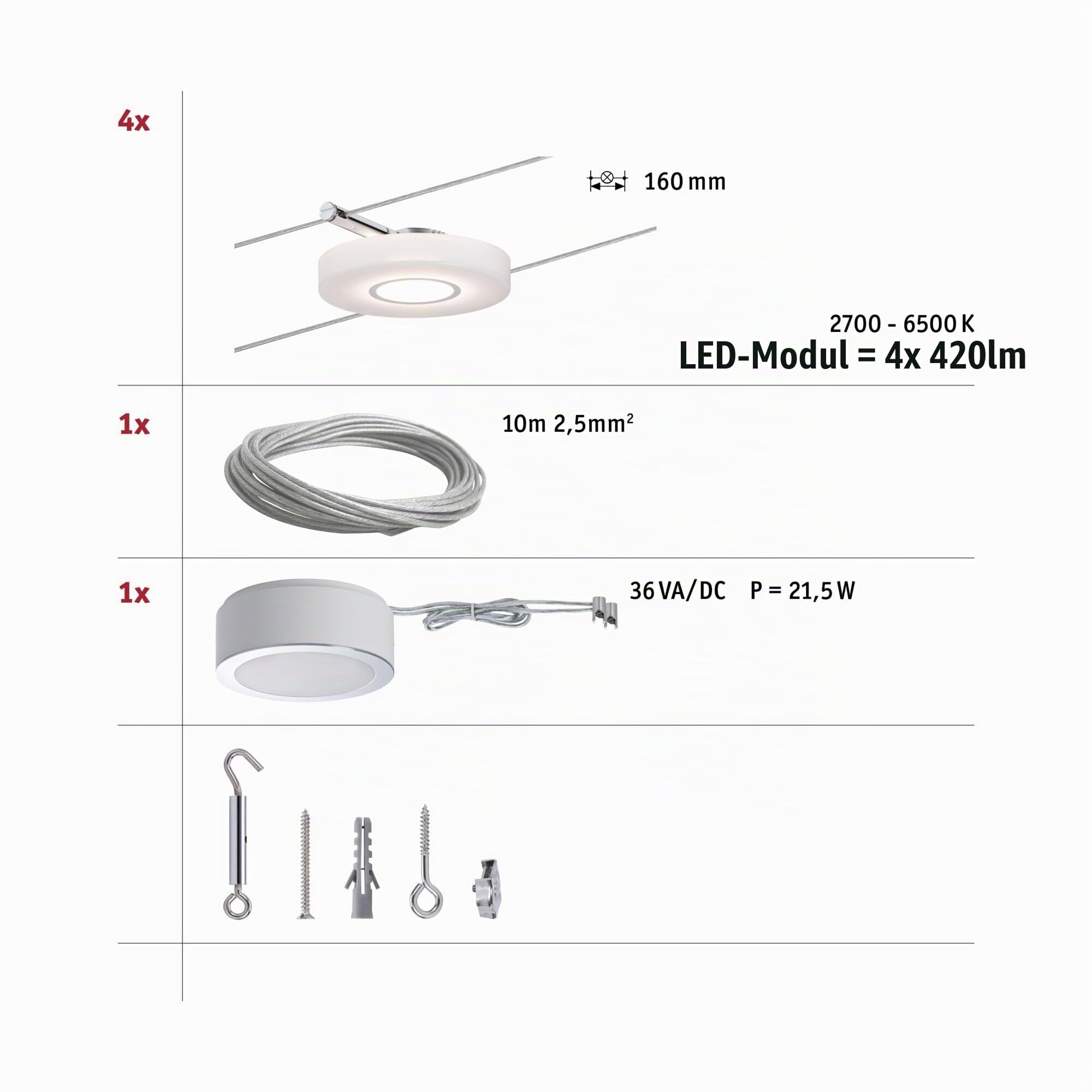 Paulmann DiscLED 50109 Seilsystem Tunable White 4x4W