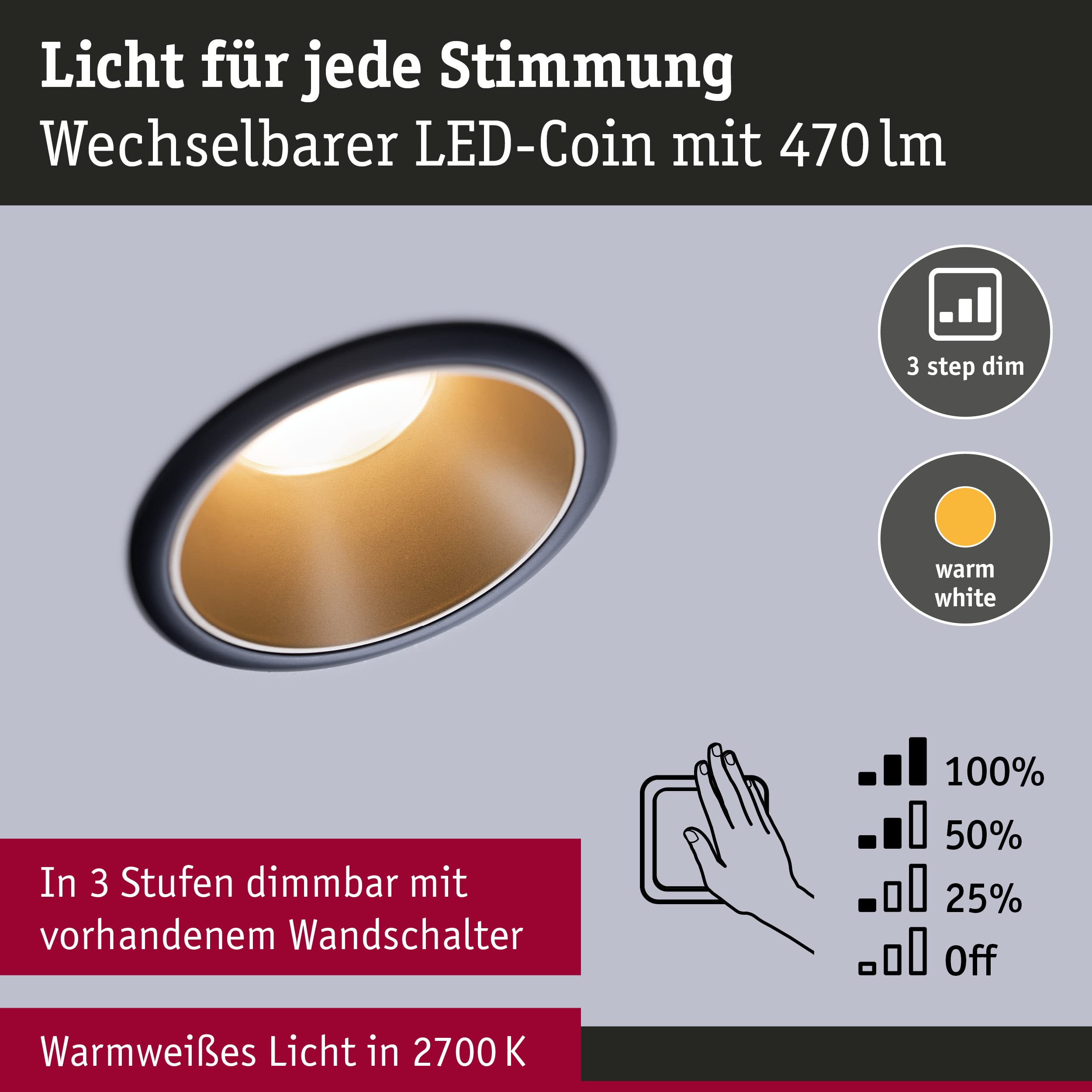 Paulmann Cole Coin Einbaustrahler Ø88mm gold matt 3-Stufen