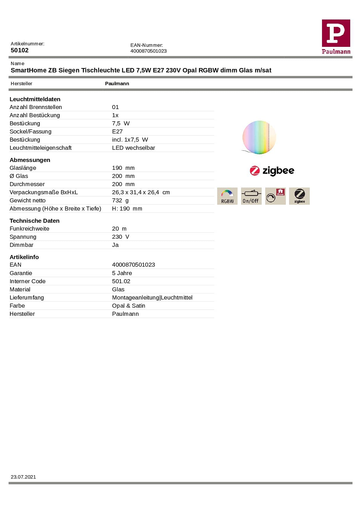 Paulmann Smart Home Zigbee Siegen 501.02 Tischleuchte RGBW Kugel
