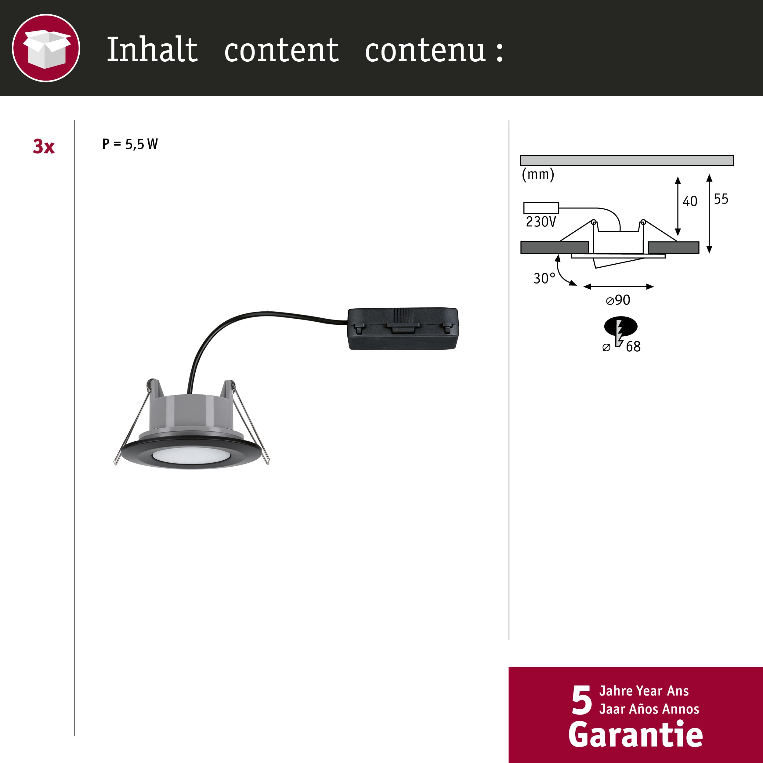 Paulmann Calla 93096 Einbauleuchte 3er-Set IP65 schwarz 3000K