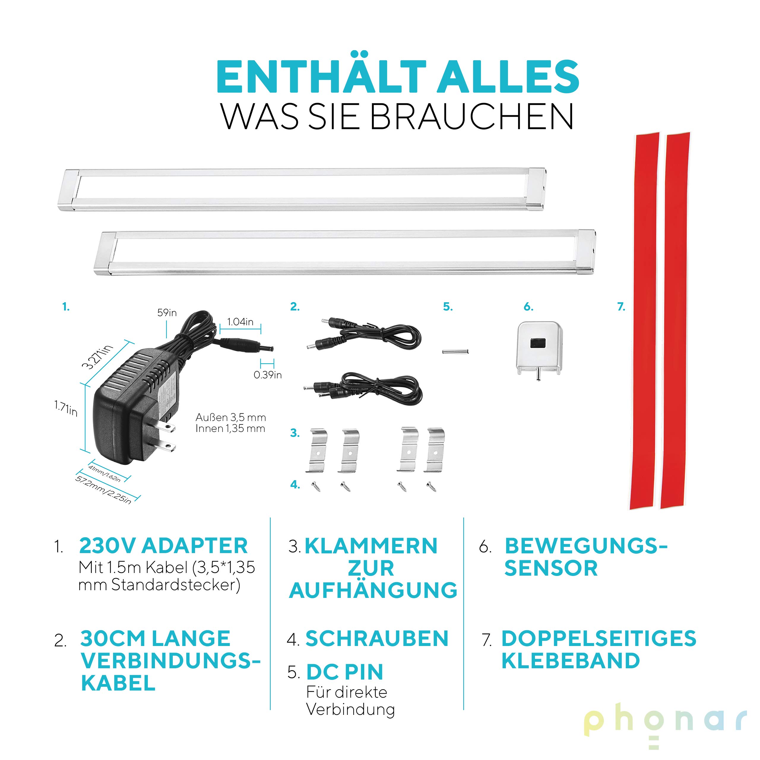 Phonar 61 cm LED Unterbauleuchte 2er Pack 4000K Sensor