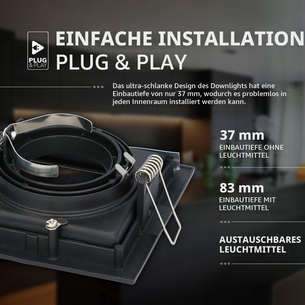 Hoftronic LED Einbaustrahler 6er Set eckig schwarz 2700K GU10