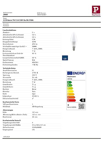 Paulmann 284.40 LED Kerze E14 7W warmweiß Ra90 Leuchtmittel