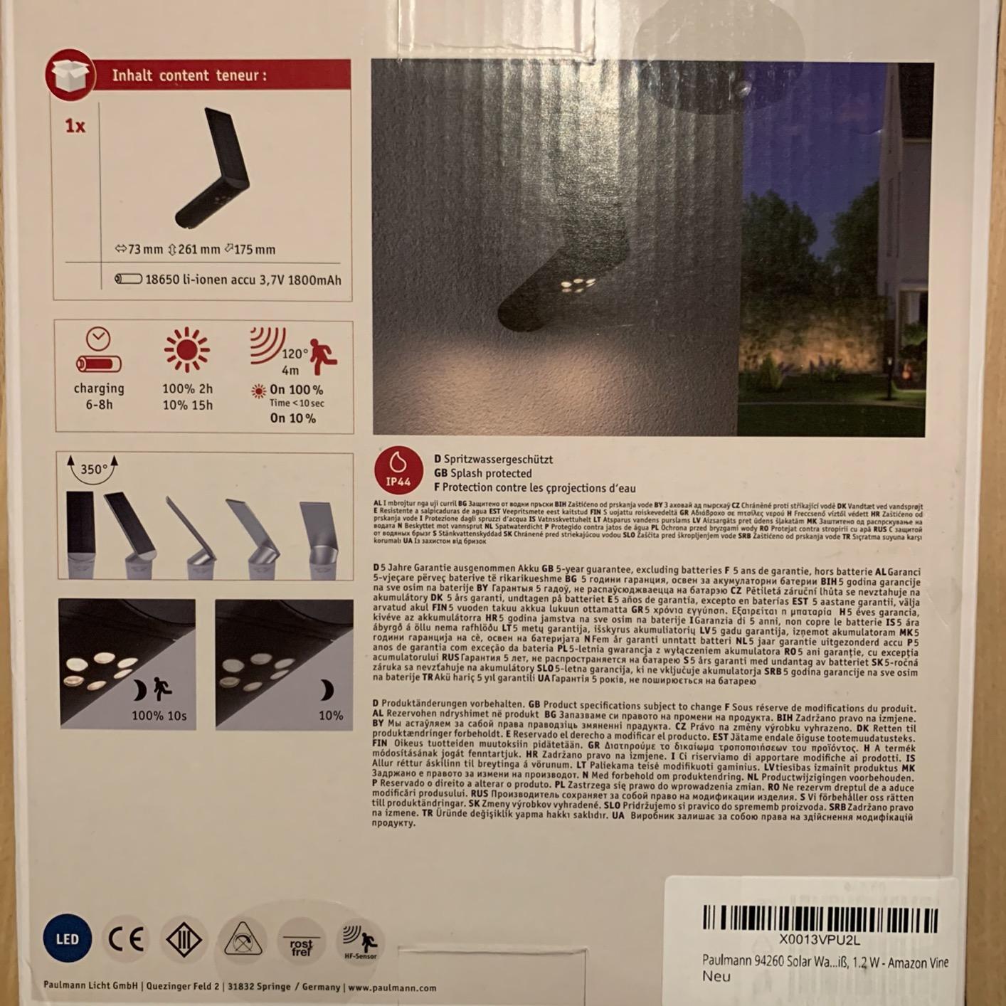 Paulmann Ilias 94260 Solar Wandleuchte Anthrazit warmweiß