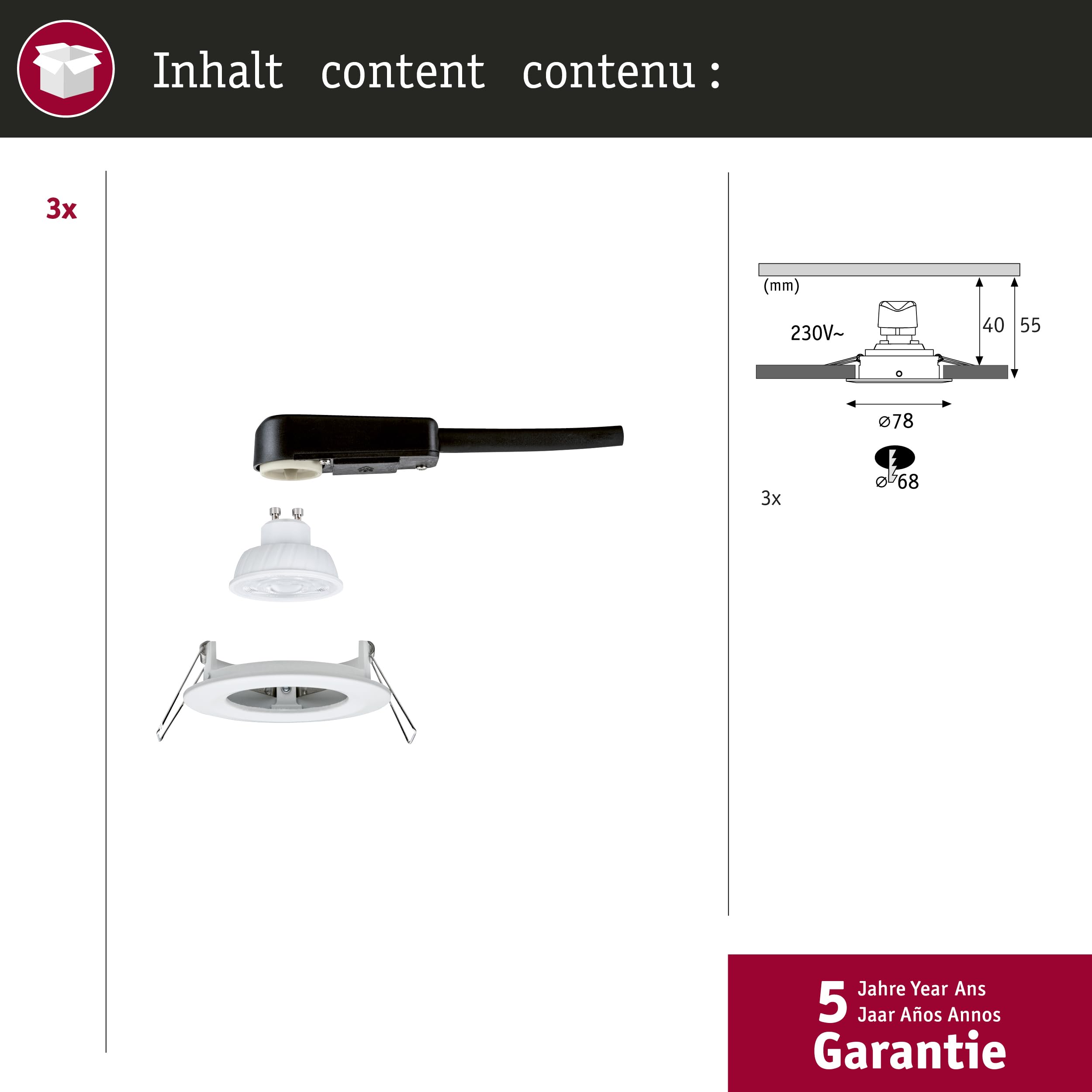 Paulmann Nova GU10 Flat starr Einbauleuchte 3er Weiß 4000K IP44