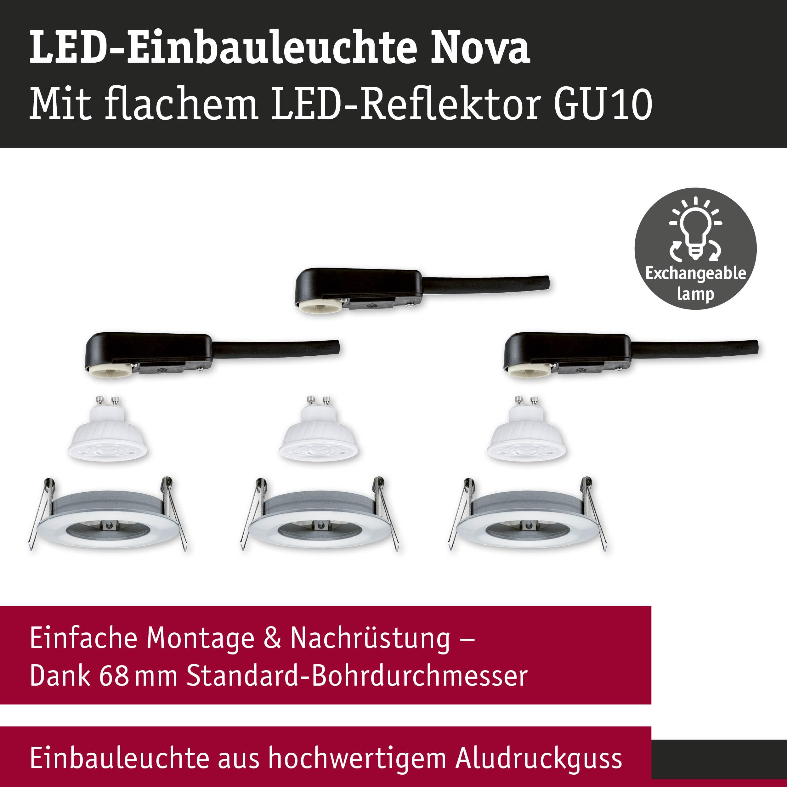 Paulmann Nova GU10 Flat starr Einbauleuchte 3er Alu IP44 2700K