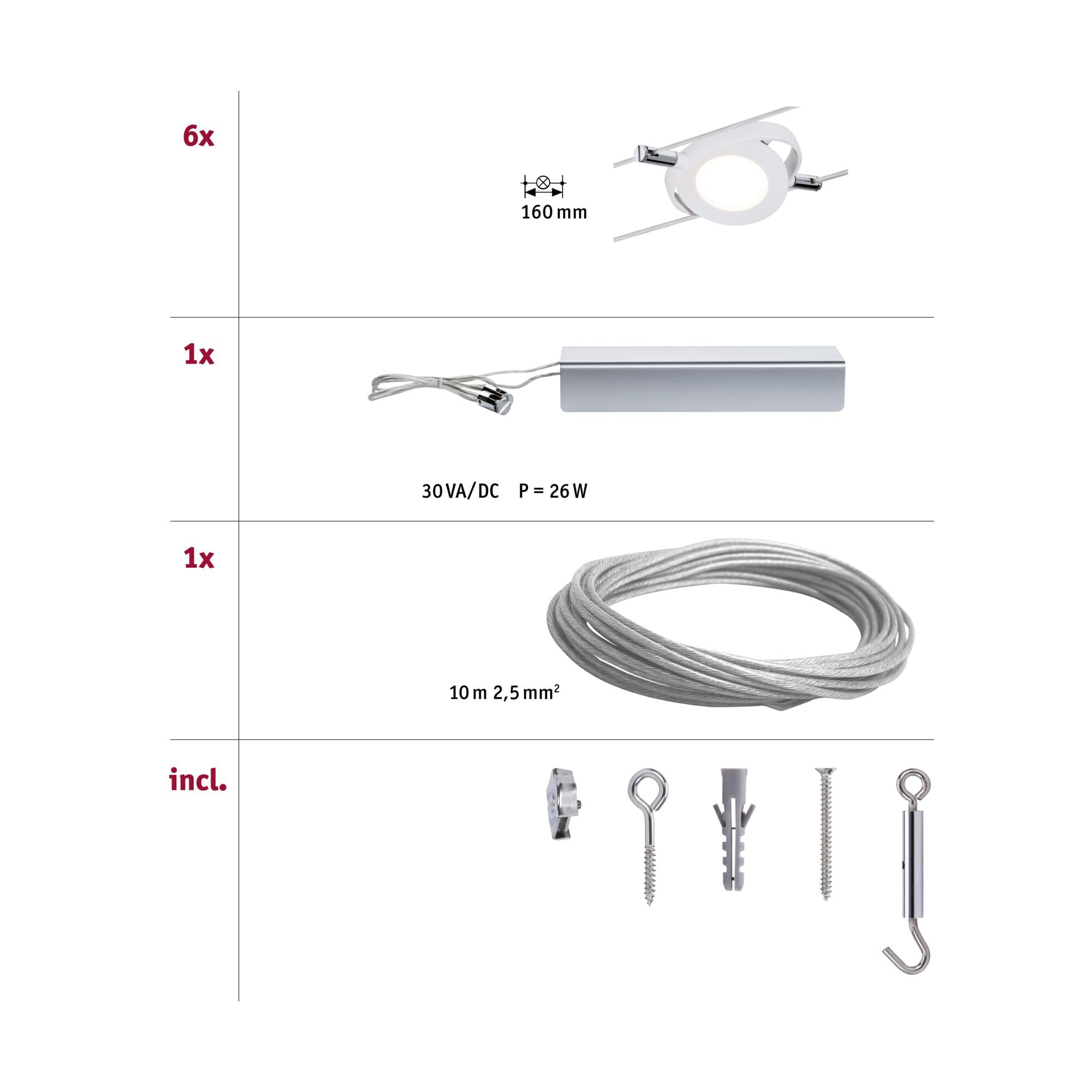 Paulmann Seilsystem 941.06 LED Seilleuchten 6er Set Weiß matt