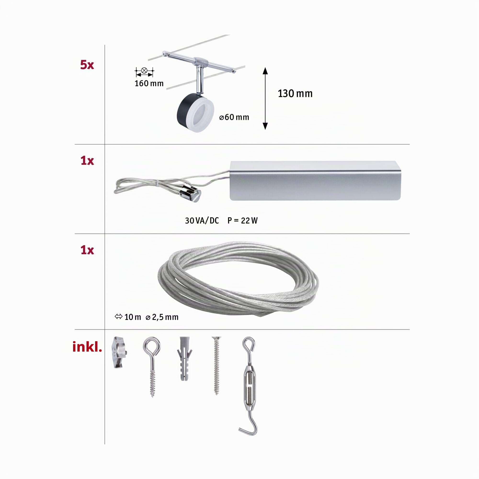 Paulmann ClearLED Seilsystem-Set 5 Spots schwarz-chrom 2700K