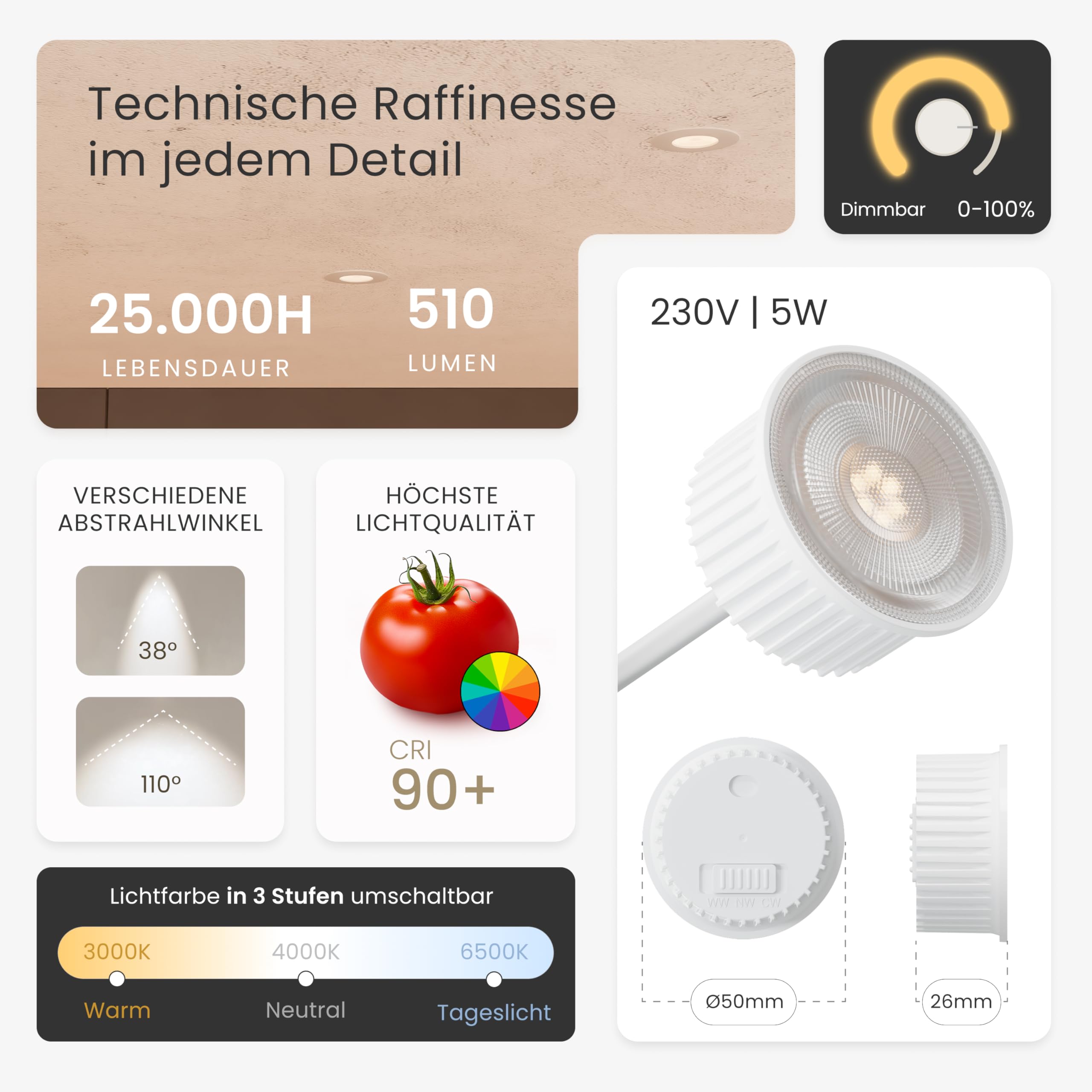 MATO LED Einbaustrahler 68mm 6er Set dimmbar IP44