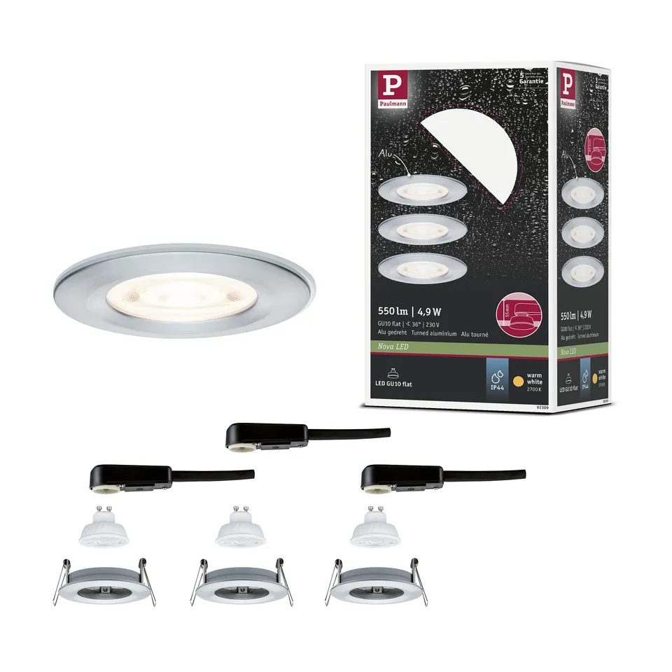 Paulmann Nova GU10 Flat starr Einbauleuchte 3er Alu IP44 2700K