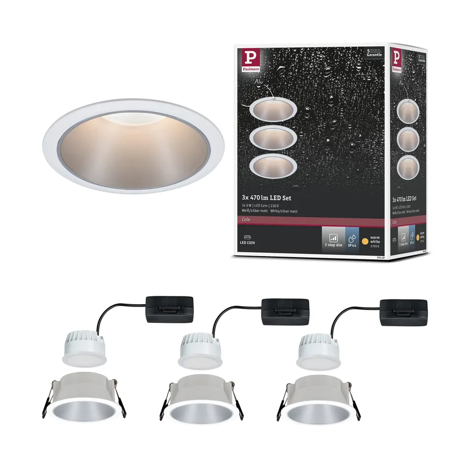 Paulmann Cole Einbauleuchte 3er-Set weiß-silber dimmbar