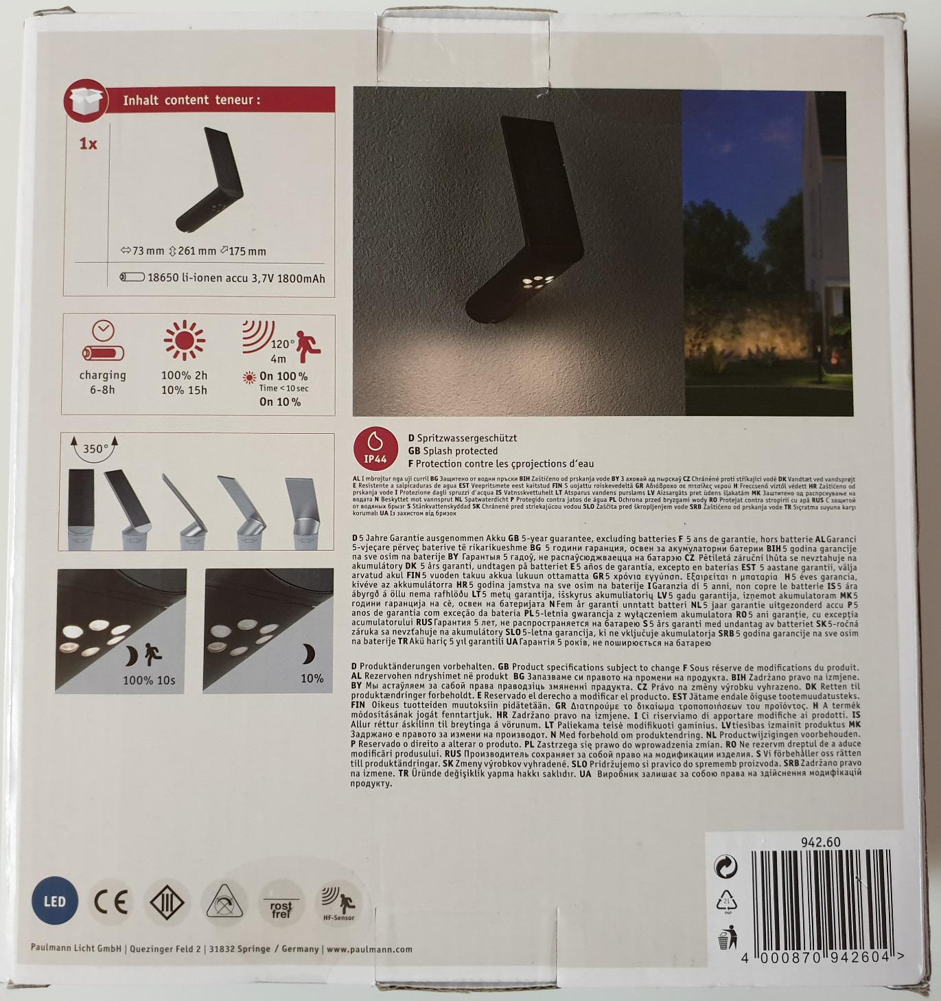 Paulmann Ilias 94260 Solar Wandleuchte Anthrazit warmweiß