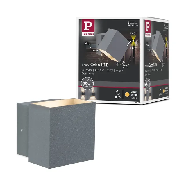 Paulmann Cybo LED Wandaufbauleuchte eckig grau IP65 2x3W