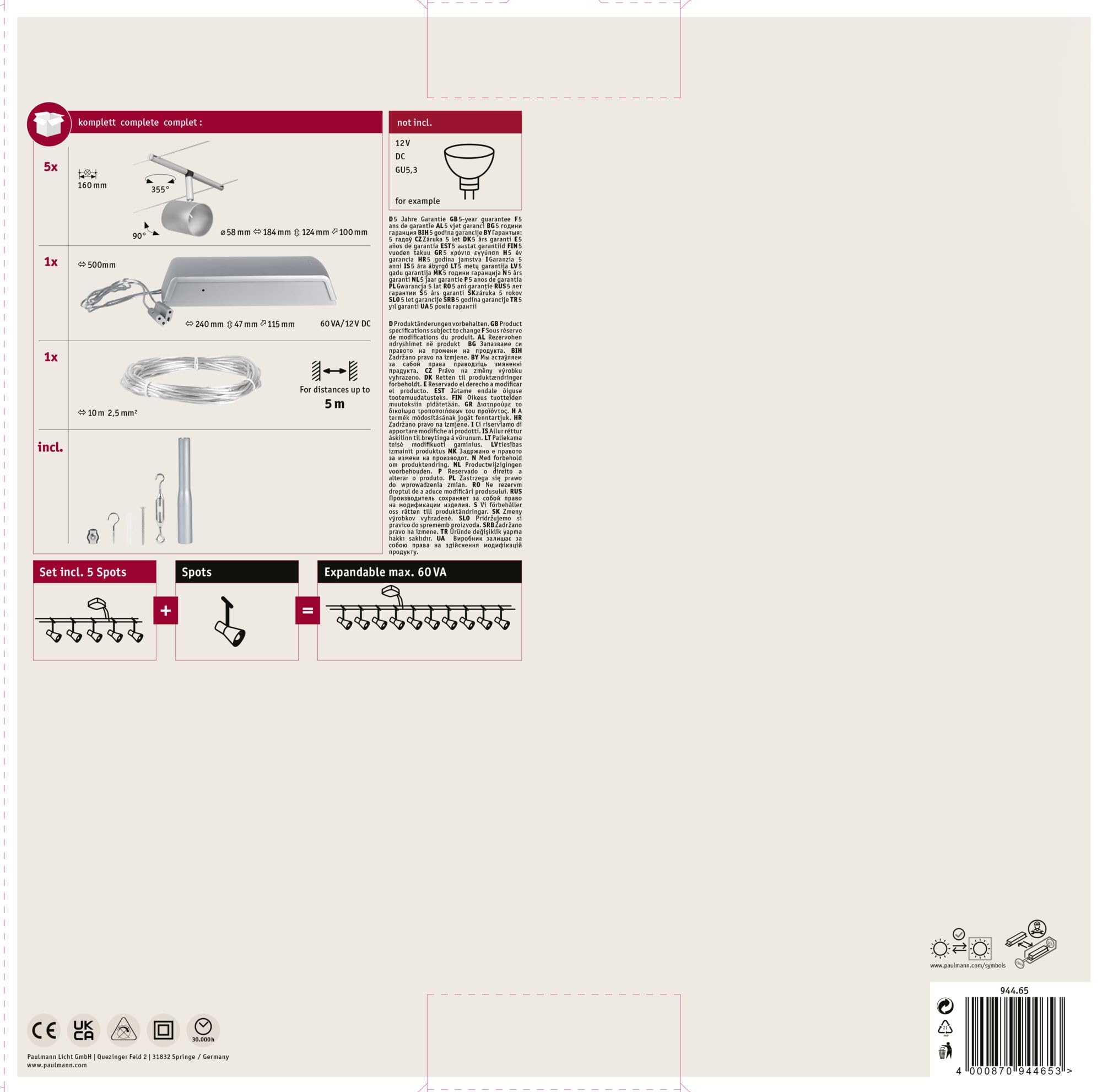 Paulmann CorDuo 94465 Cup Seilsystem 5er-Set Chrom matt GU5,3