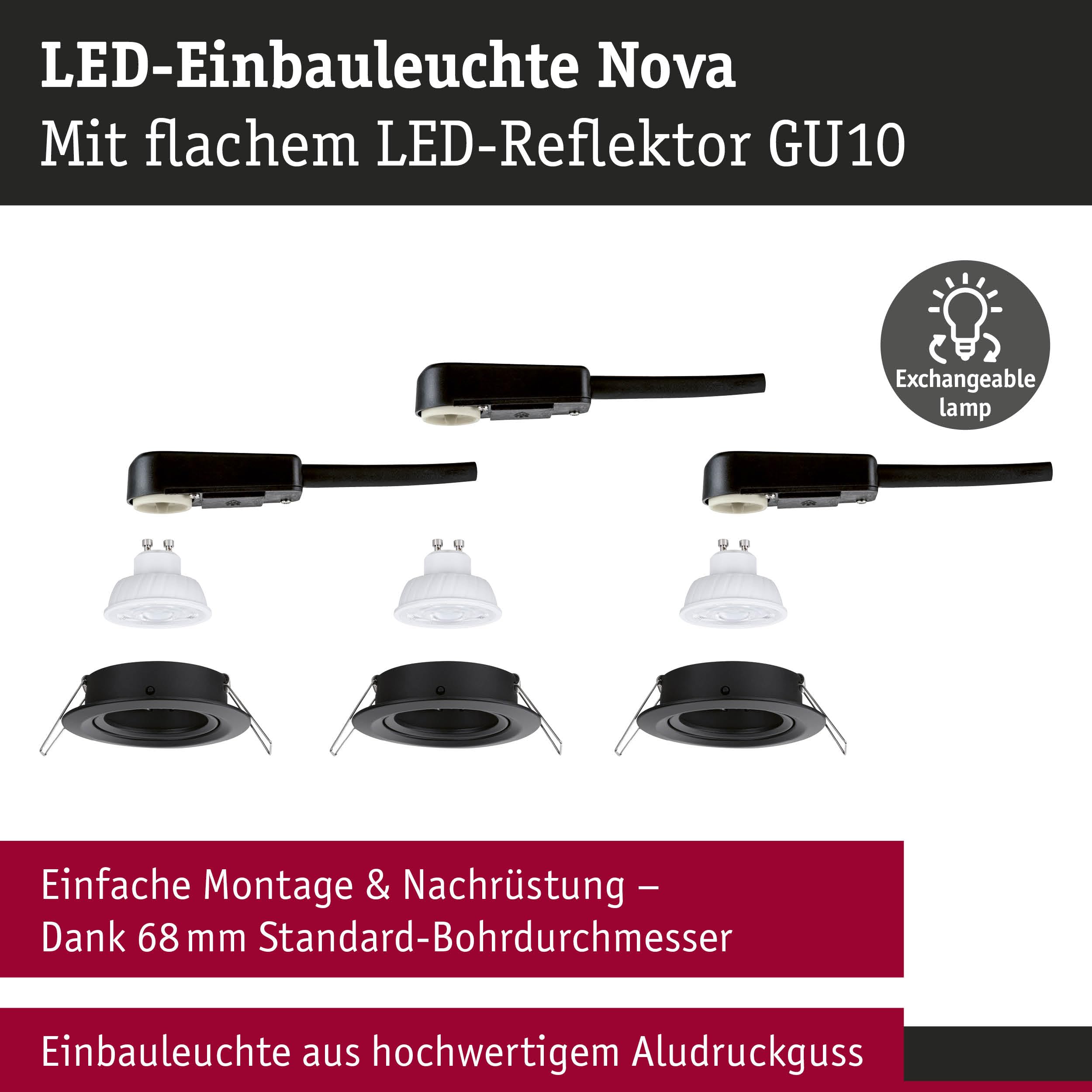 Paulmann Nova GU10 Flat schwenkbar Einbauleuchte 3er Schwarz 2700K