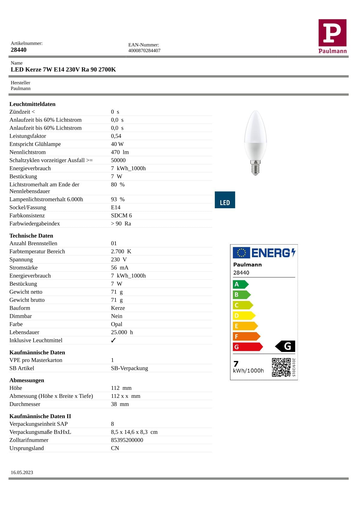 Paulmann 284.40 LED Kerze E14 7W warmweiß Ra90 Leuchtmittel