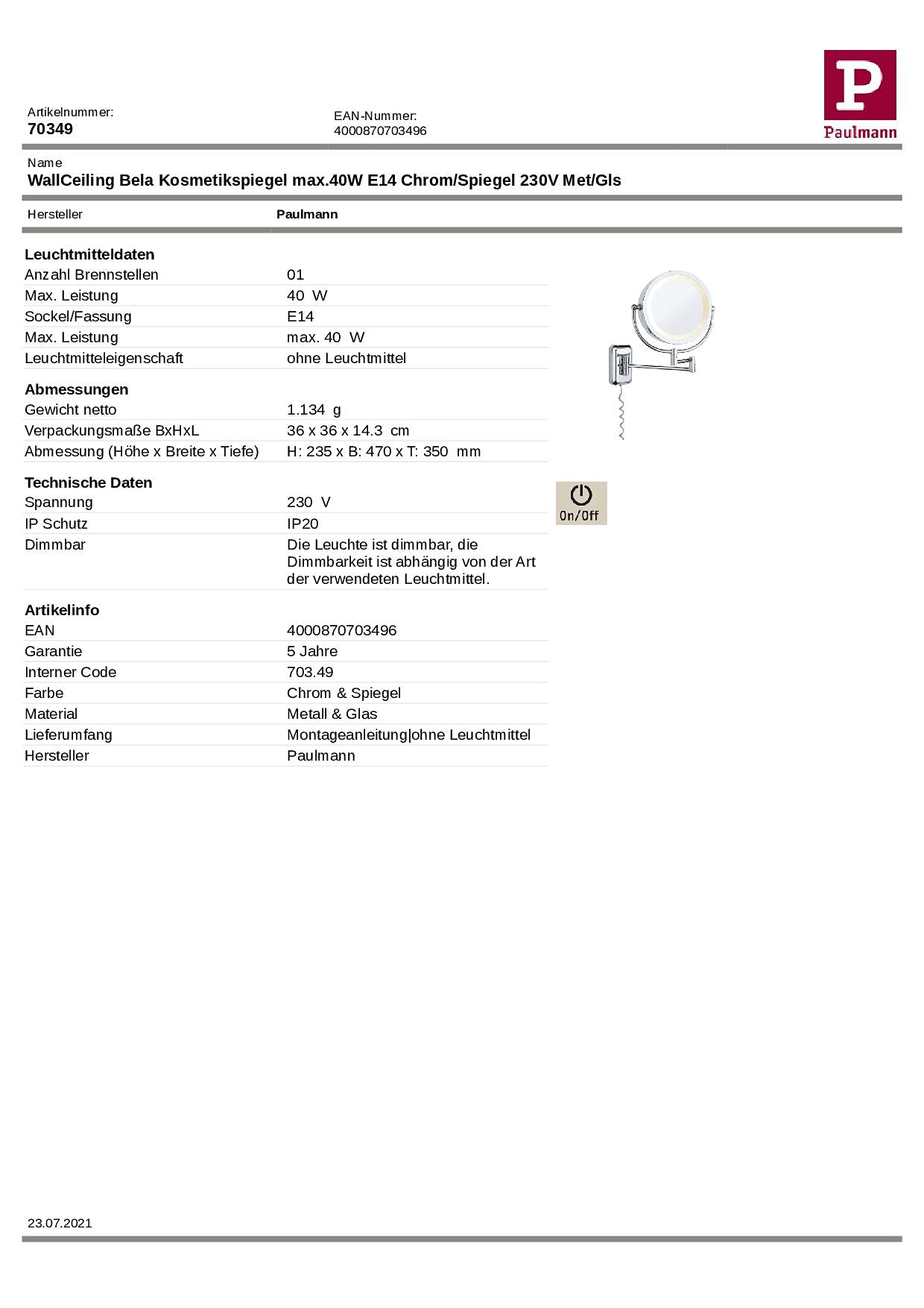 Paulmann 70349 Bela Spiegelleuchte E14 Chrom Spiegel