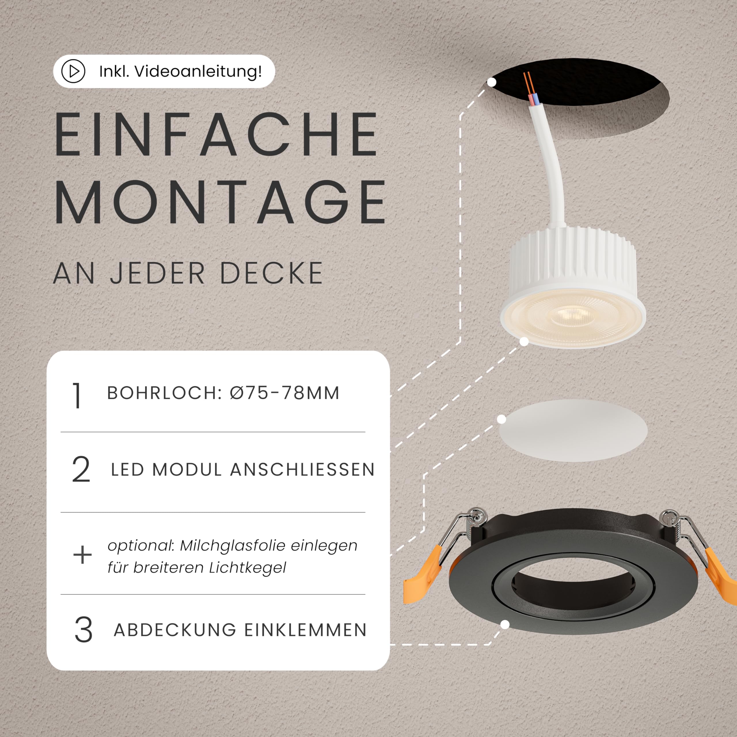 MATO LED Einbaustrahler 75mm 6er Set schwarz dimmbar