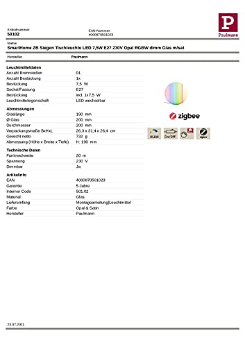Paulmann Smart Home Zigbee Siegen 501.02 Tischleuchte RGBW Kugel