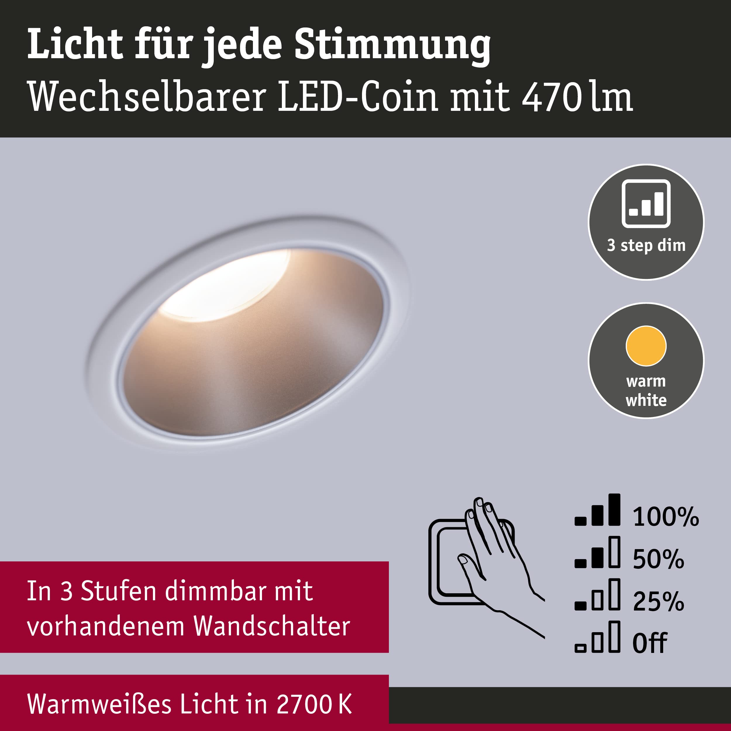 Paulmann Cole Einbauleuchte 3er-Set weiß-silber dimmbar