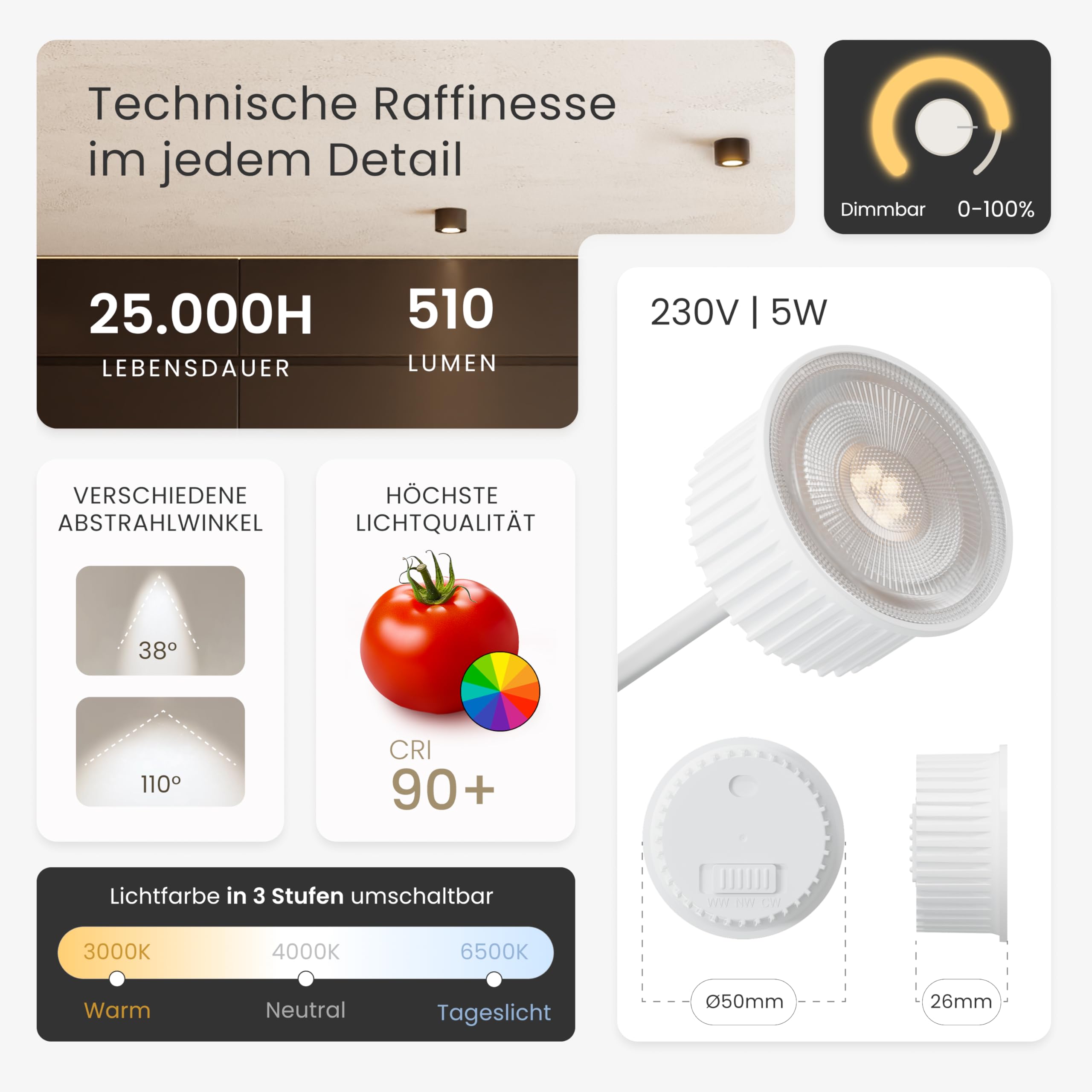 MATO Aufbaustrahler Ø80 schwarz 5W 3 Lichtfarben
