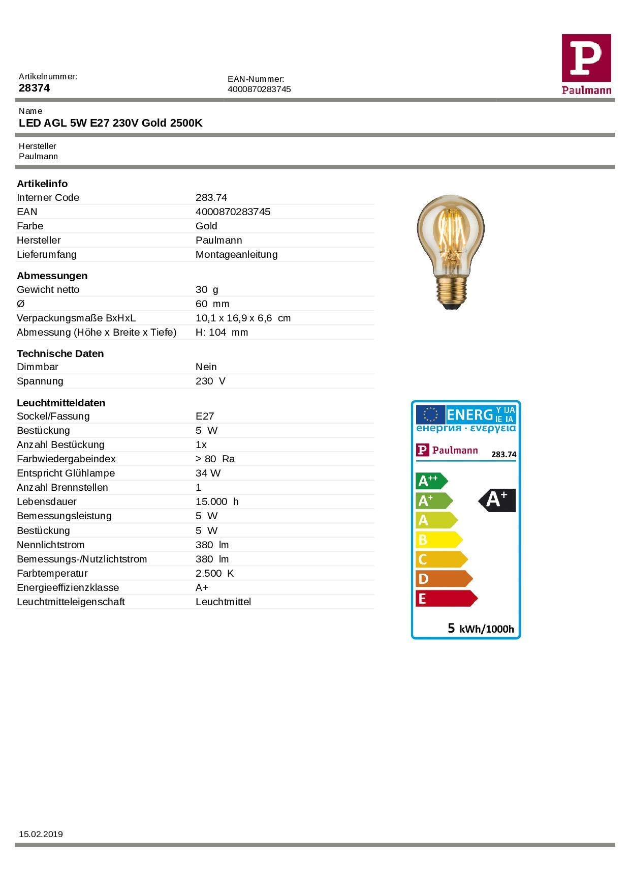 Paulmann 28374 LED Allgebrauchslampe E27 5W Gold warmweiß