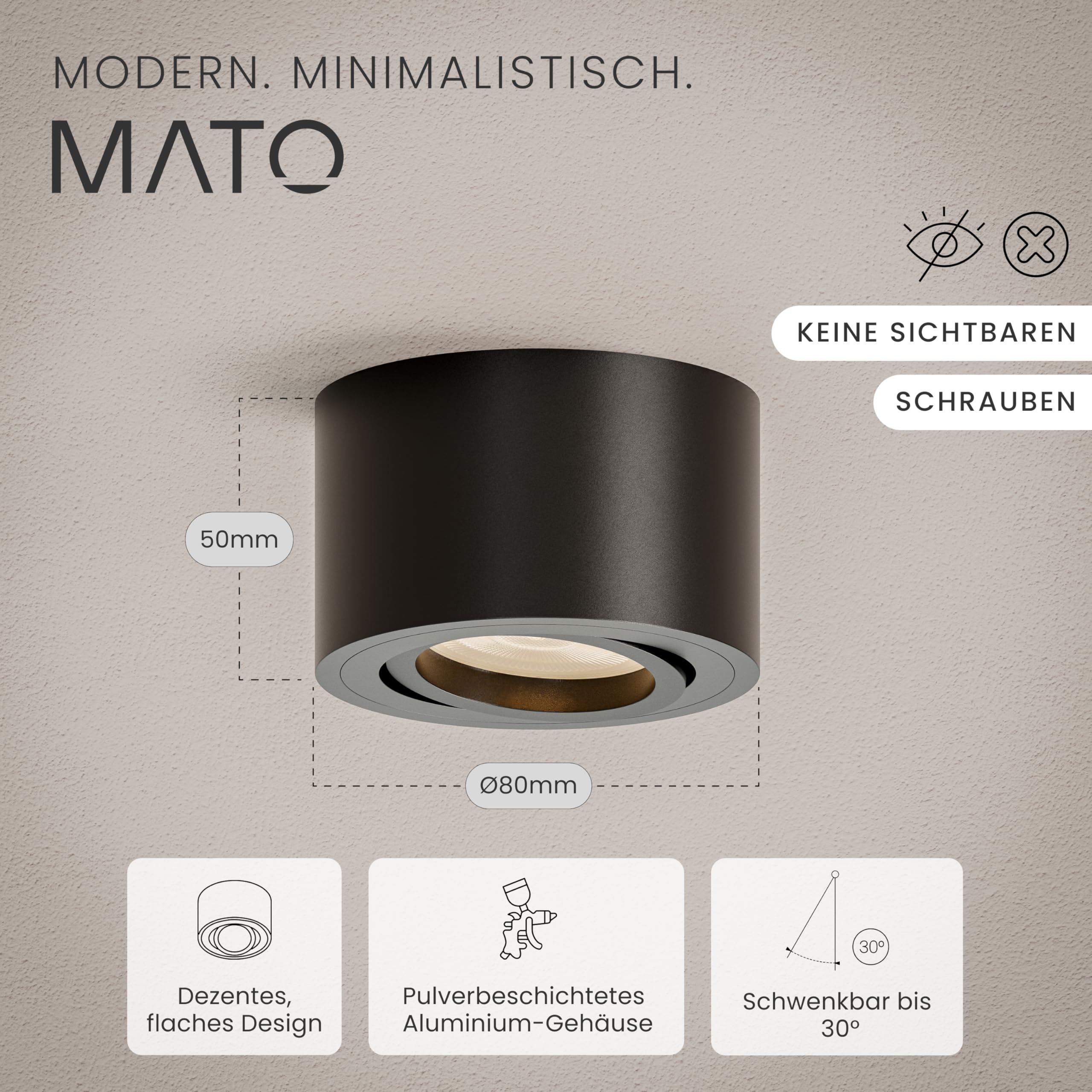 MATO Aufbaustrahler Ø80 schwarz 5W 3 Lichtfarben