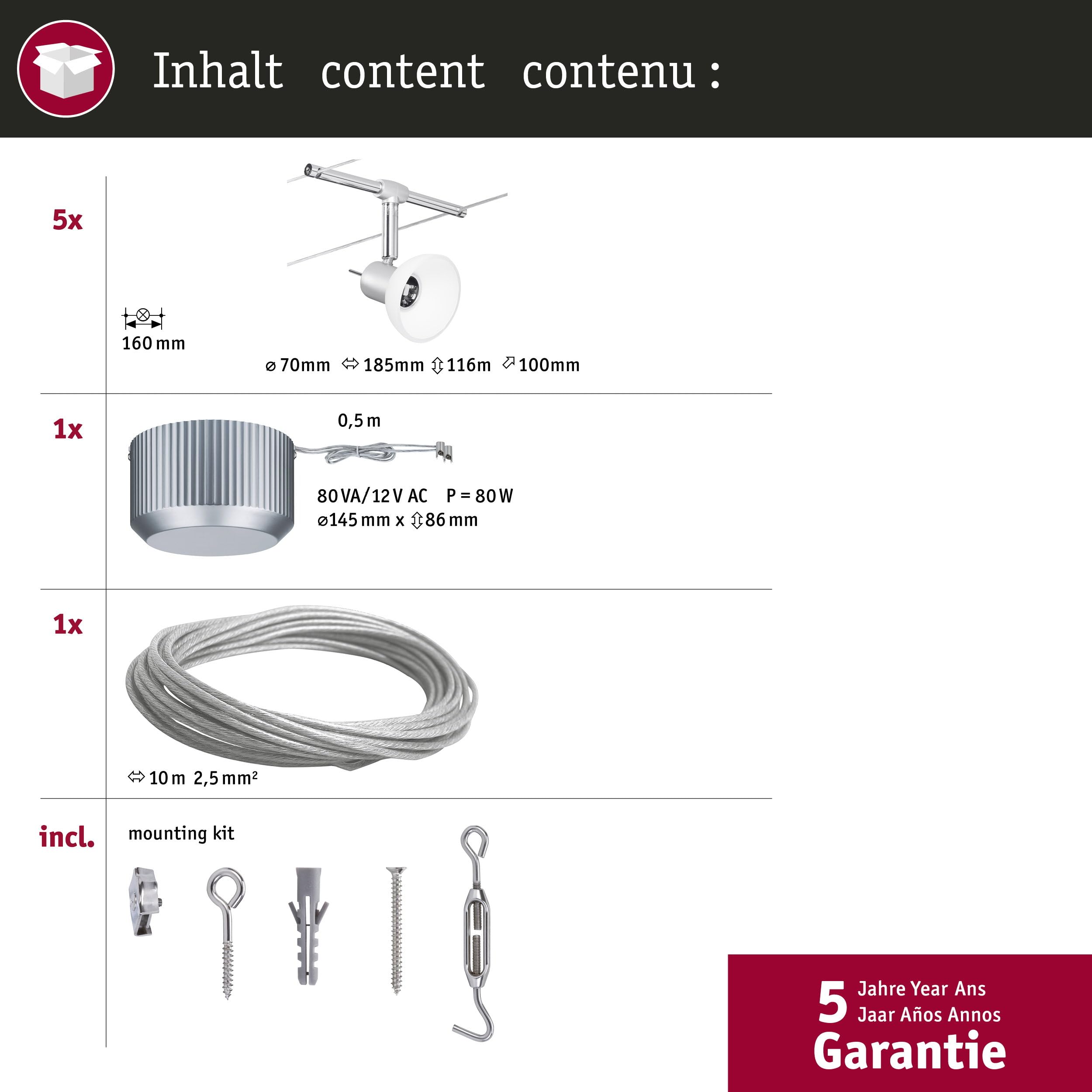 Paulmann Sheela 94136 Seilleuchte Set 5-flammig chrom matt
