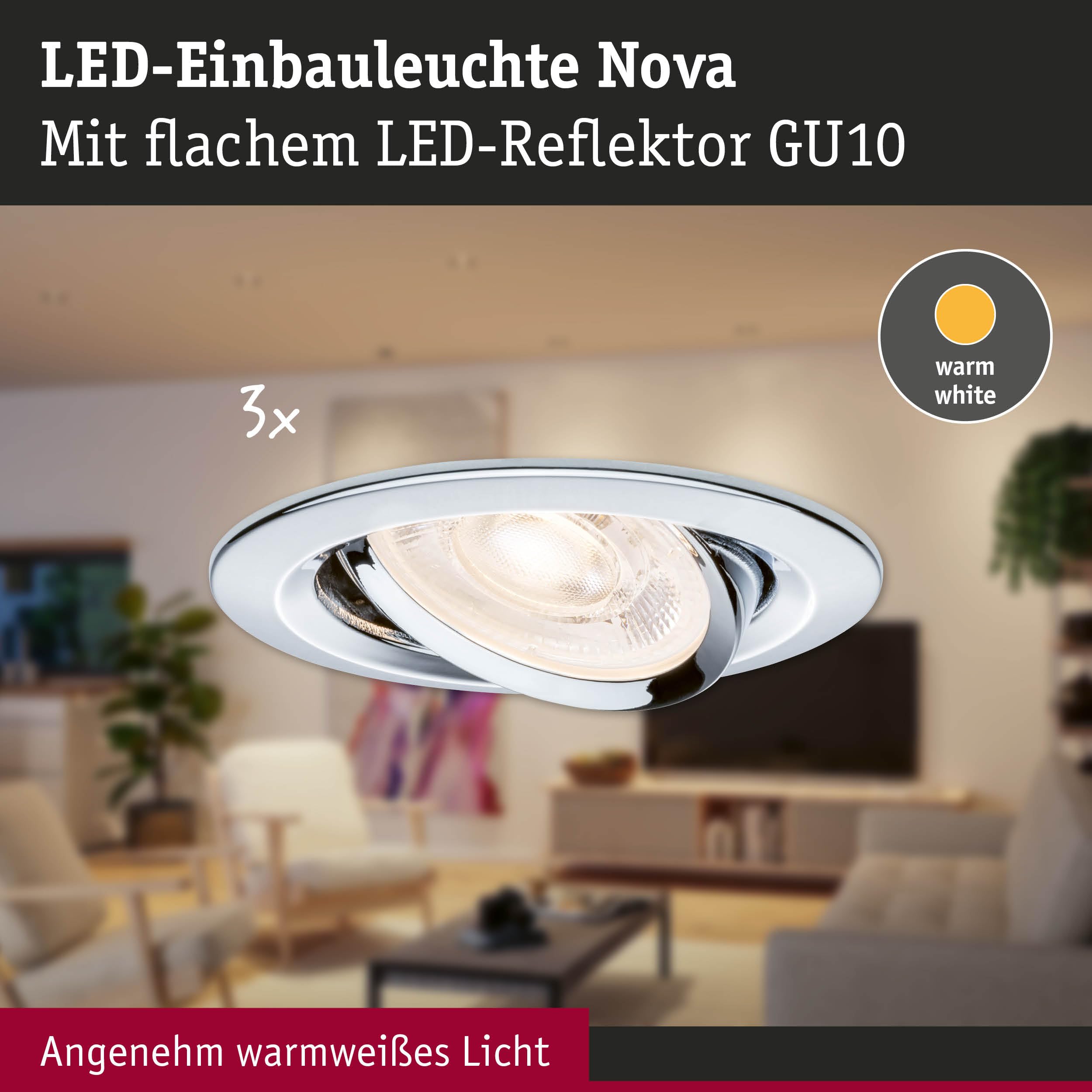 Paulmann Nova GU10 Flat schwenkbar Einbauleuchte 3er Chrom 2700K