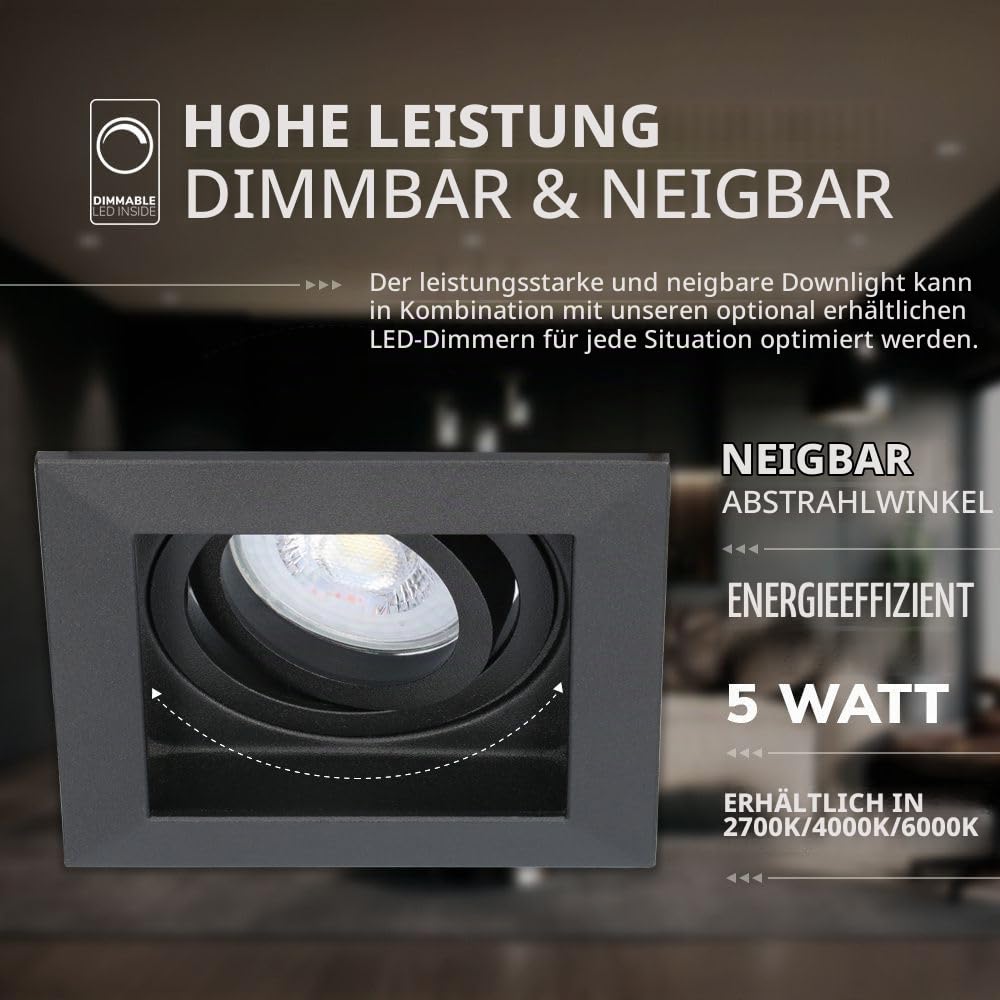 Hoftronic LED Einbaustrahler 6er Set eckig schwarz 2700K GU10