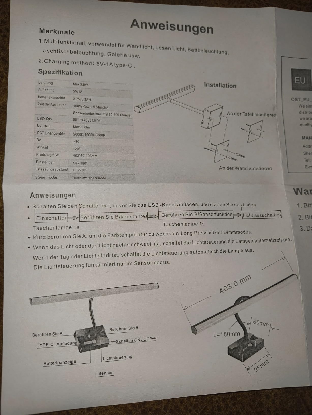 Phonar Bilderleuchte Akku 40cm Fernbedienung dimmbar 3 Modi