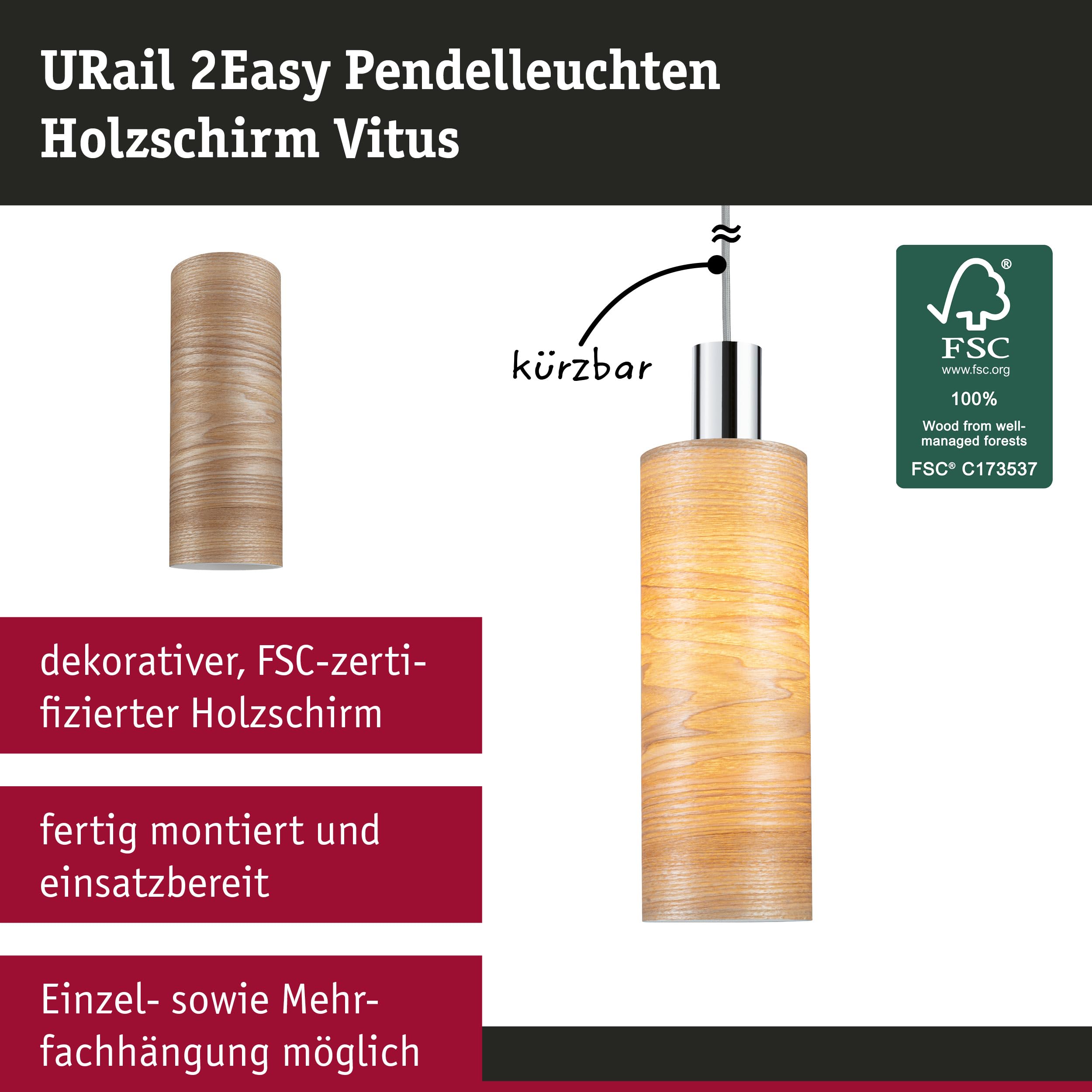 Paulmann URail Vitus 95613 Lampenschirm Holz 110mm 2Easy
