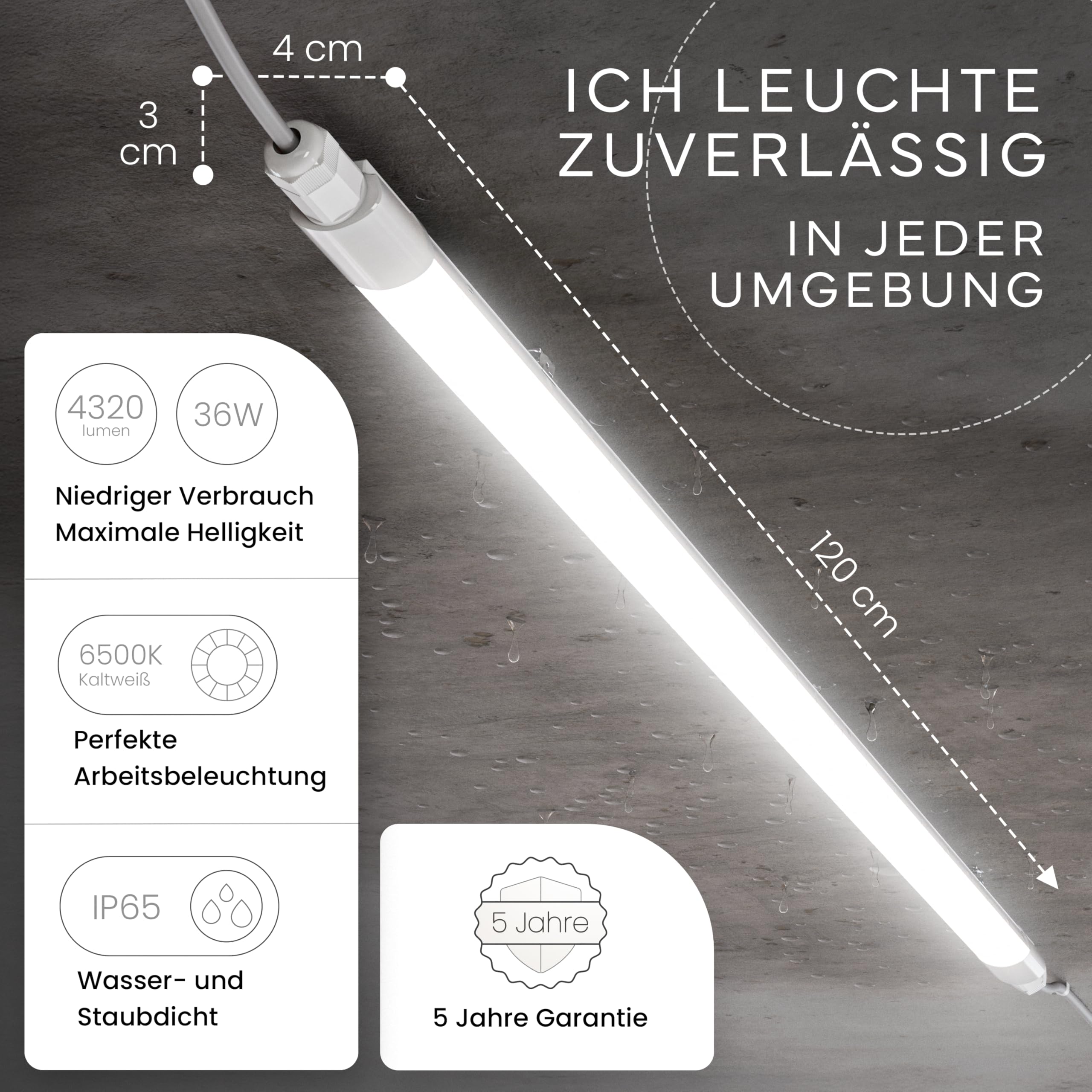 MATO Feuchtraumleuchte LED 120cm 36W 6500K kaltweiß 2 Stück