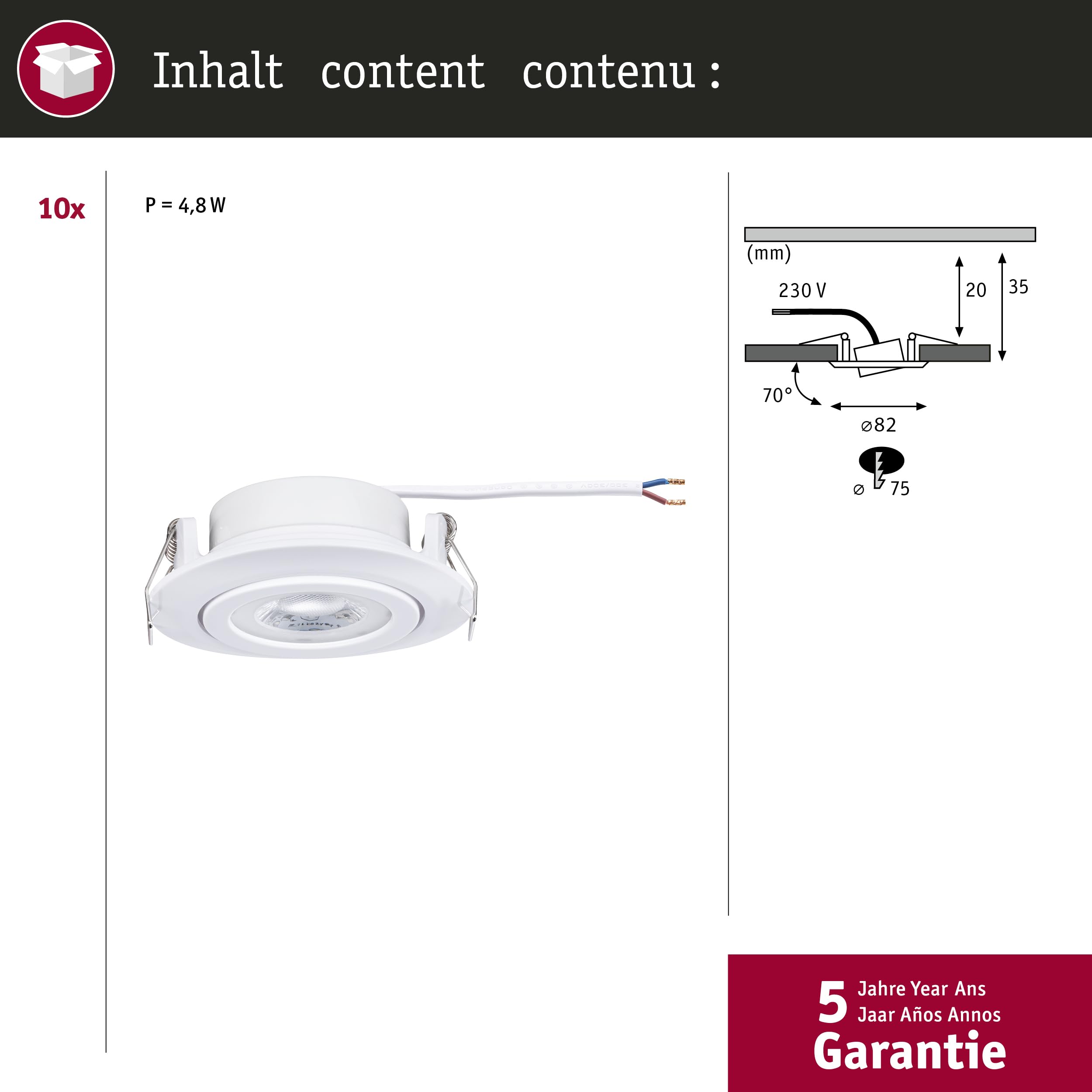 Paulmann 99996 Einbauspot 10er-Set schwenkbar warmweiß