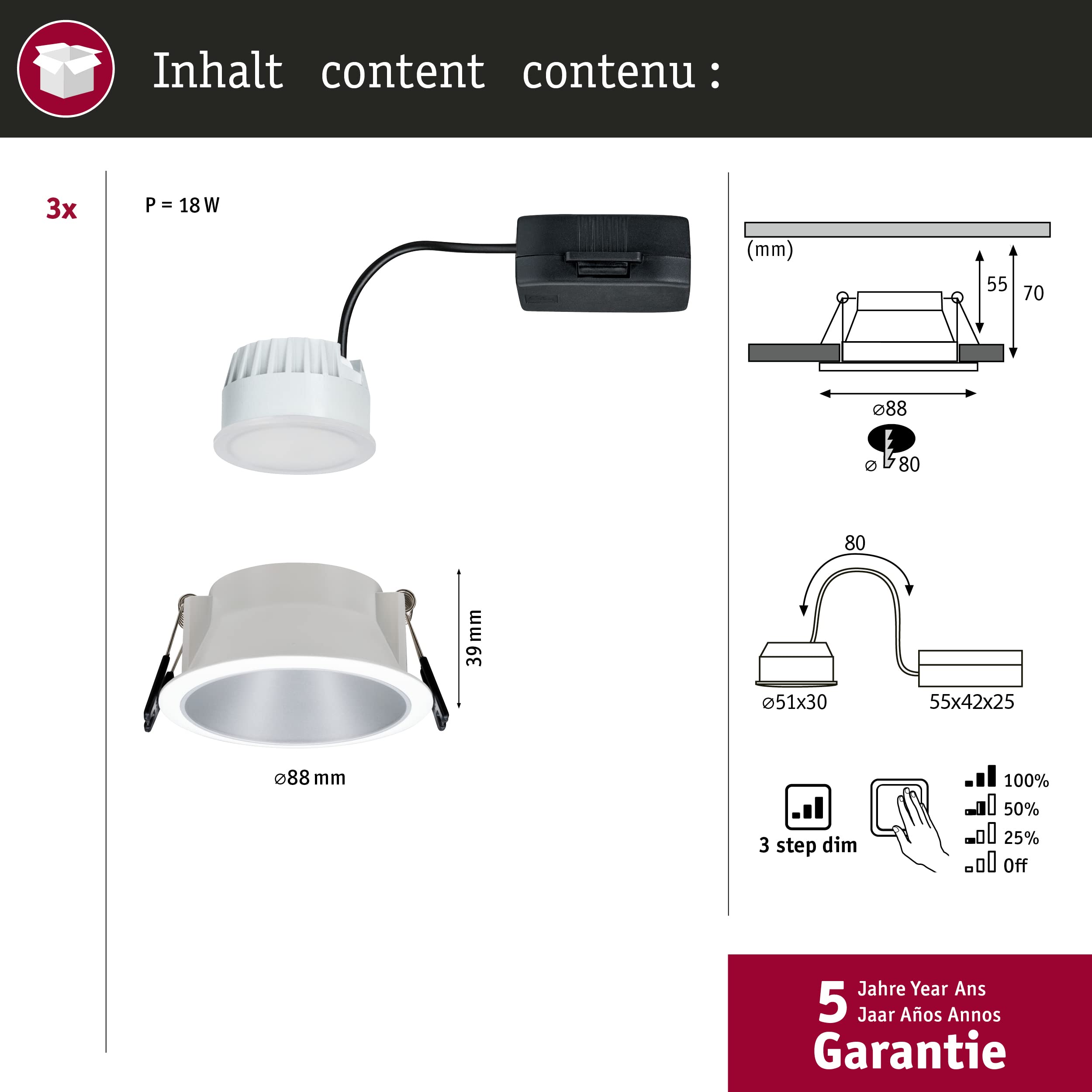 Paulmann Cole Einbauleuchte 3er-Set weiß-silber dimmbar