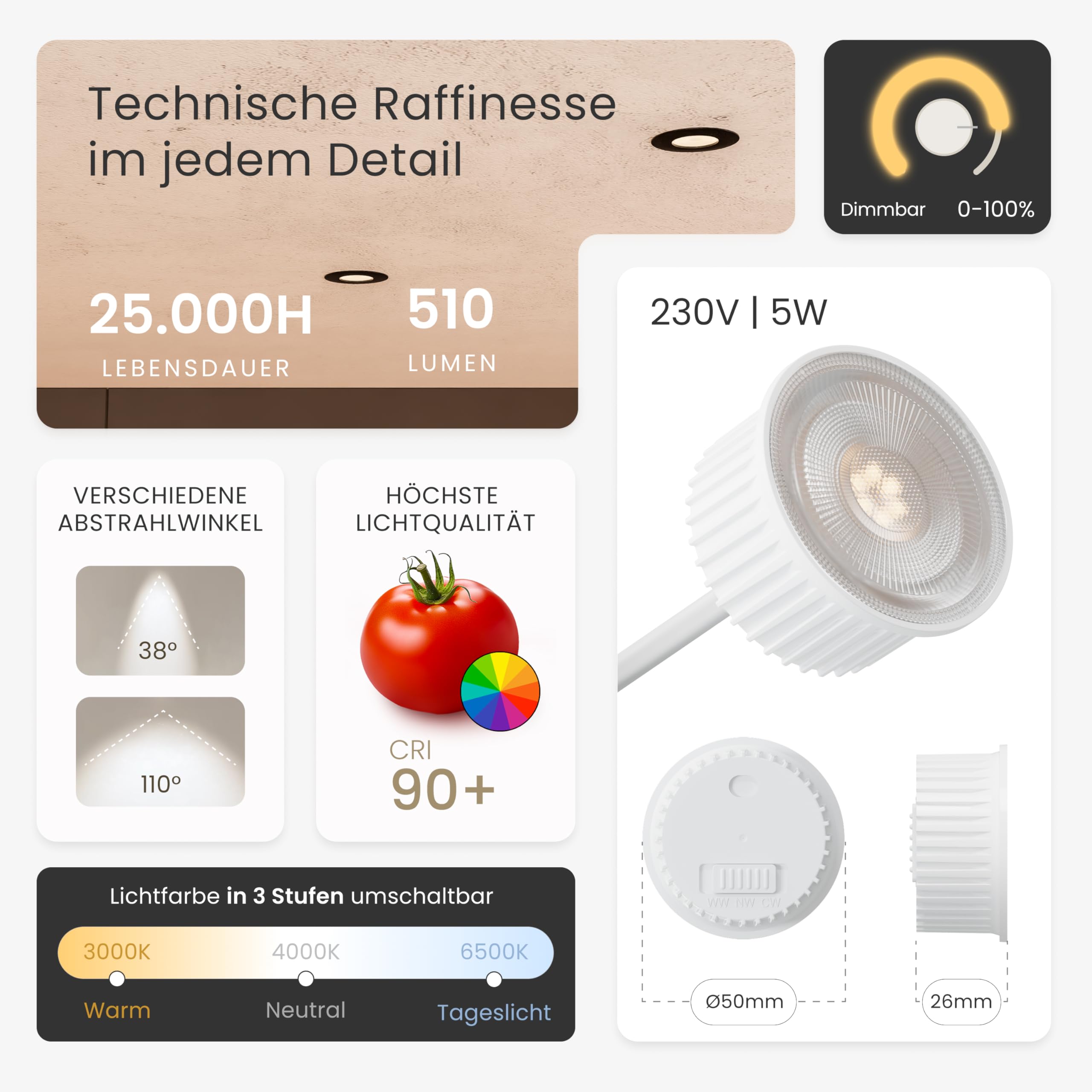 MATO LED Einbaustrahler 75mm 6er Set schwarz dimmbar