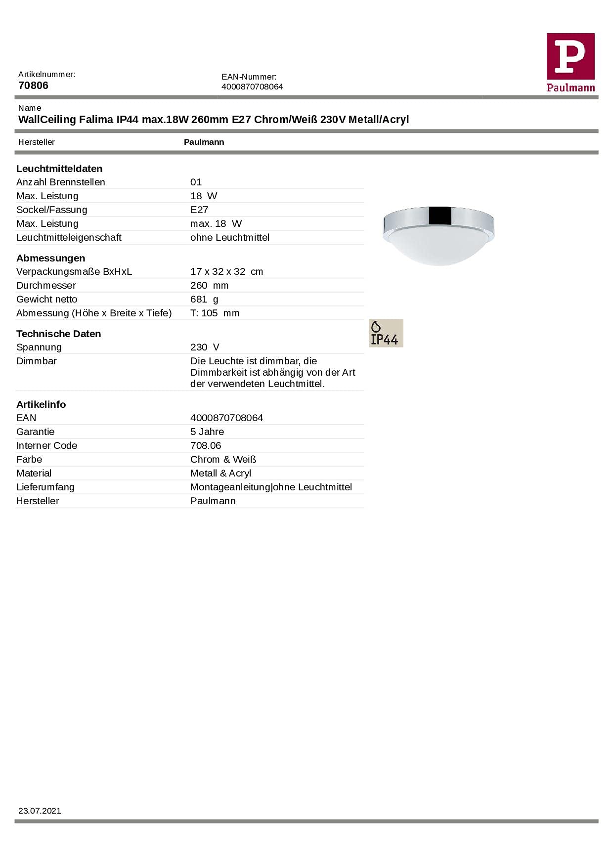 Paulmann Falima 70806 Deckenleuchte IP44 E27