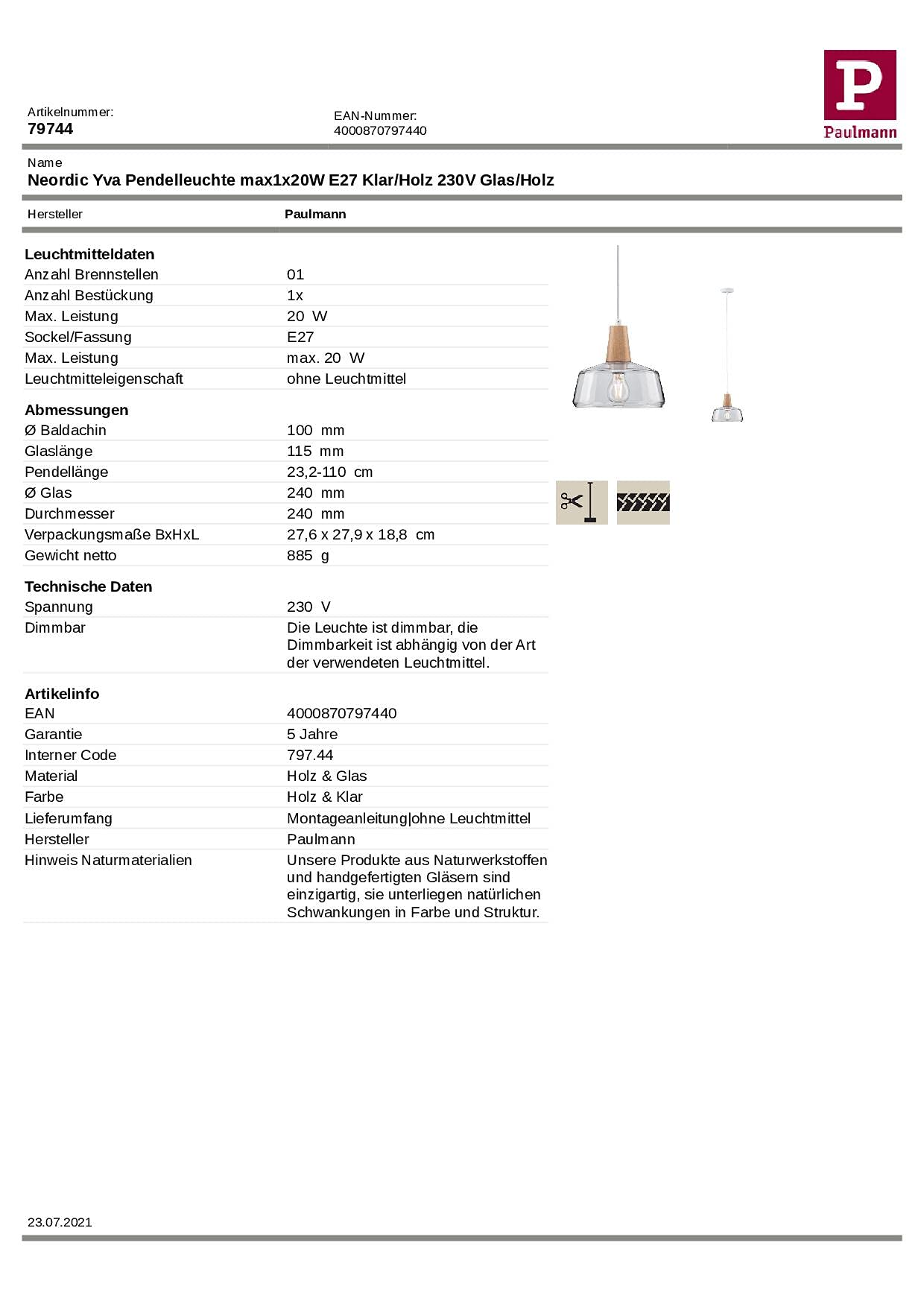Paulmann Neordic 79744 Pendelleuchte Holz Stoffkabel
