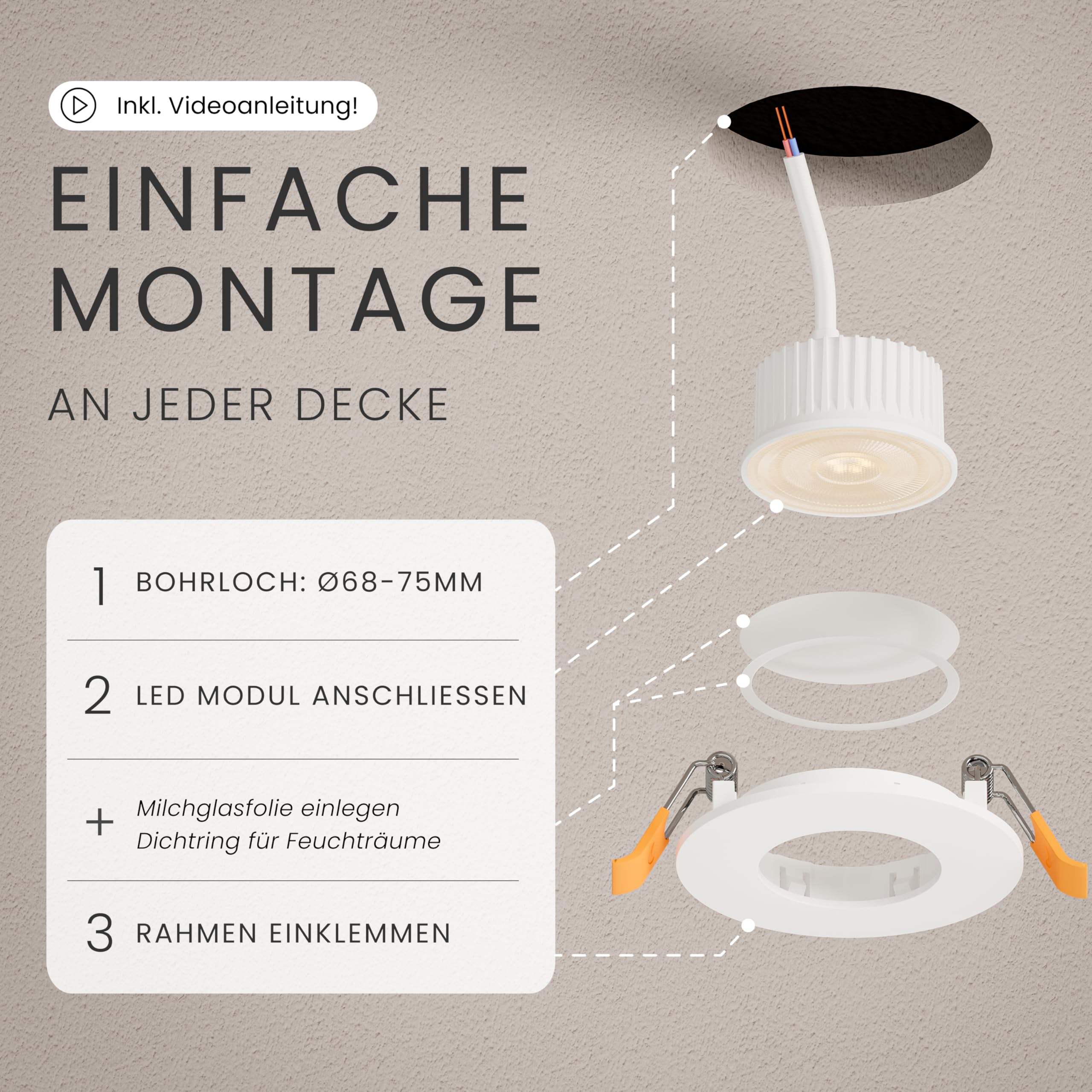 MATO LED Einbaustrahler 68mm 6er Set dimmbar IP44