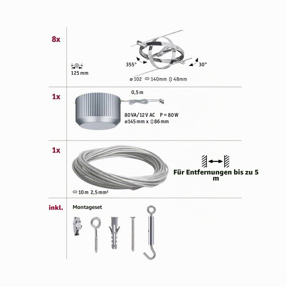 Paulmann Cardan 94153 Seilsystem 8er-Set dimmbar ohne Leuchtmittel