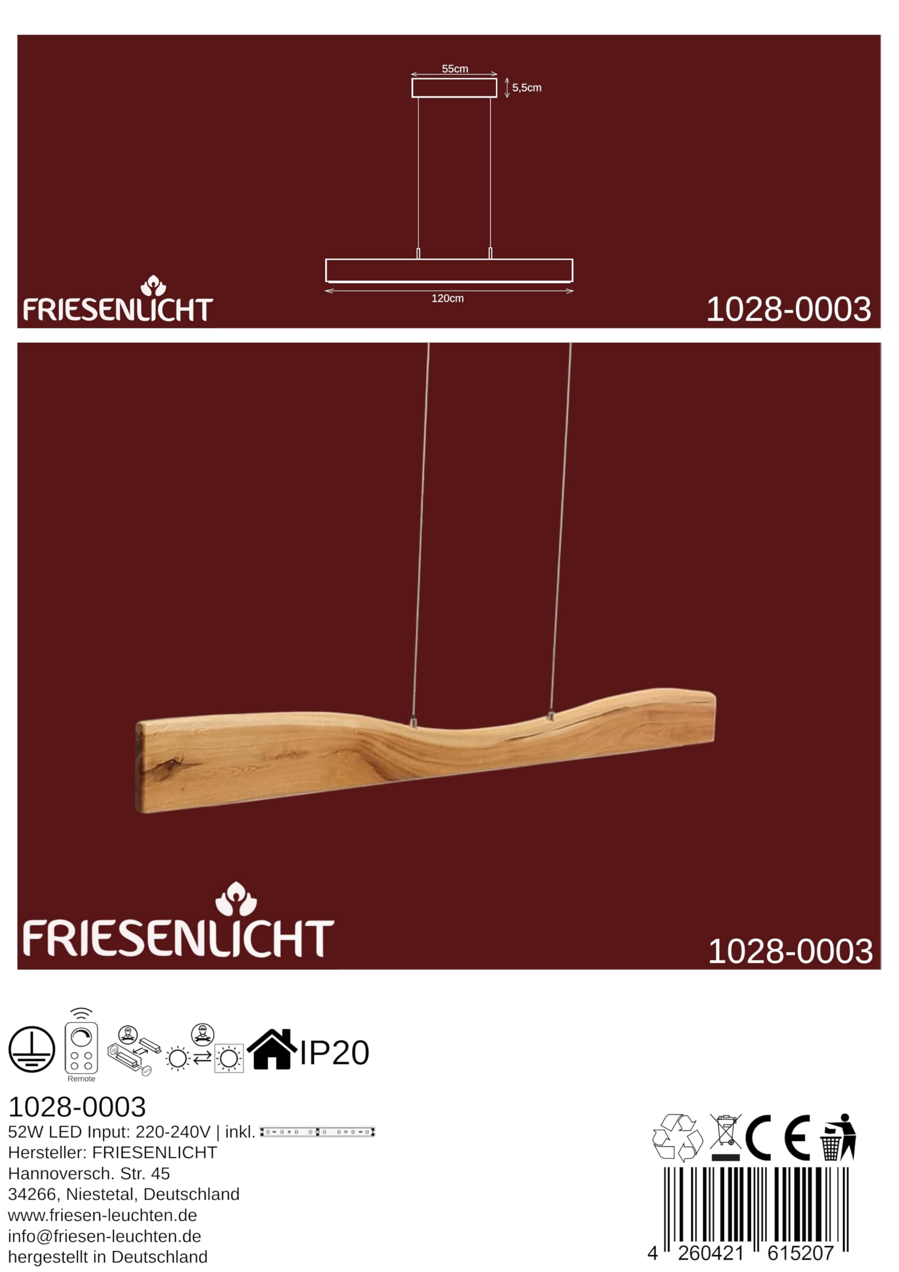 FRIESENLICHT Fona Hängeleuchte Eiche 120cm dimmbar