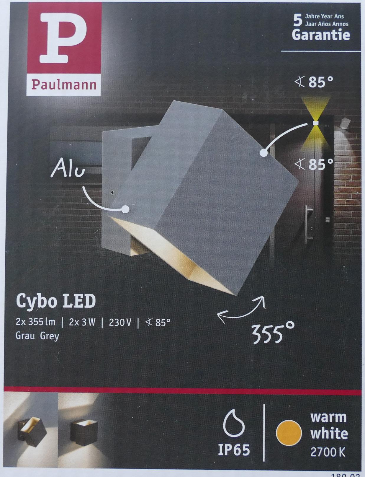 Paulmann Cybo LED Wandaufbauleuchte eckig grau IP65 2x3W