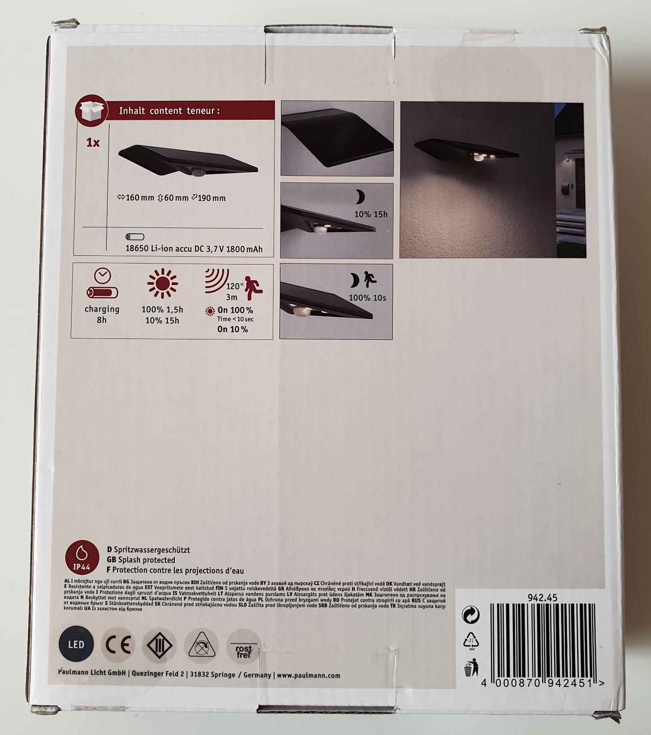Paulmann Yoko 94245 Solar Wandleuchte Anthrazit warmweiß