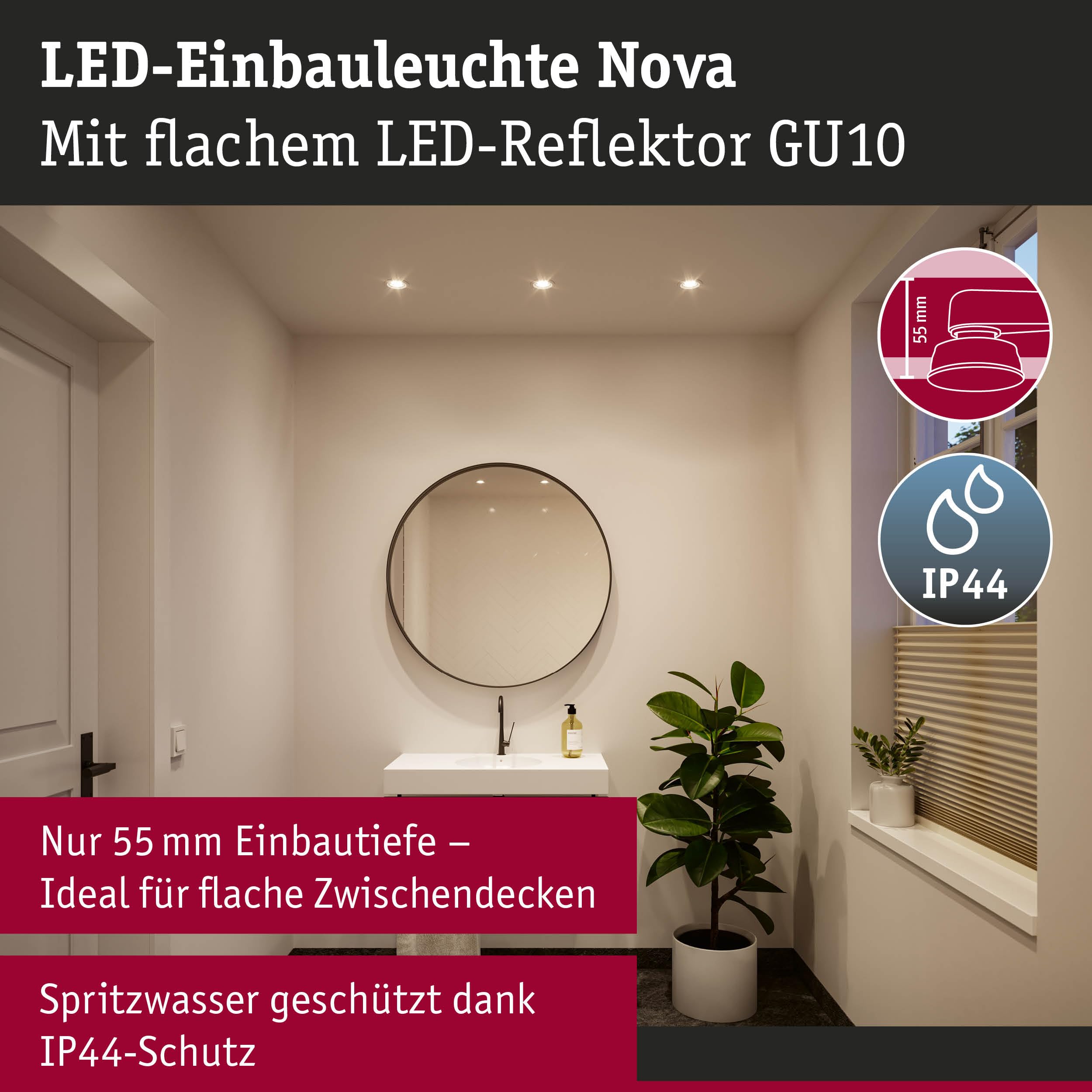Paulmann Nova GU10 Flat starr Einbauleuchte 3er Weiß IP44 2700K