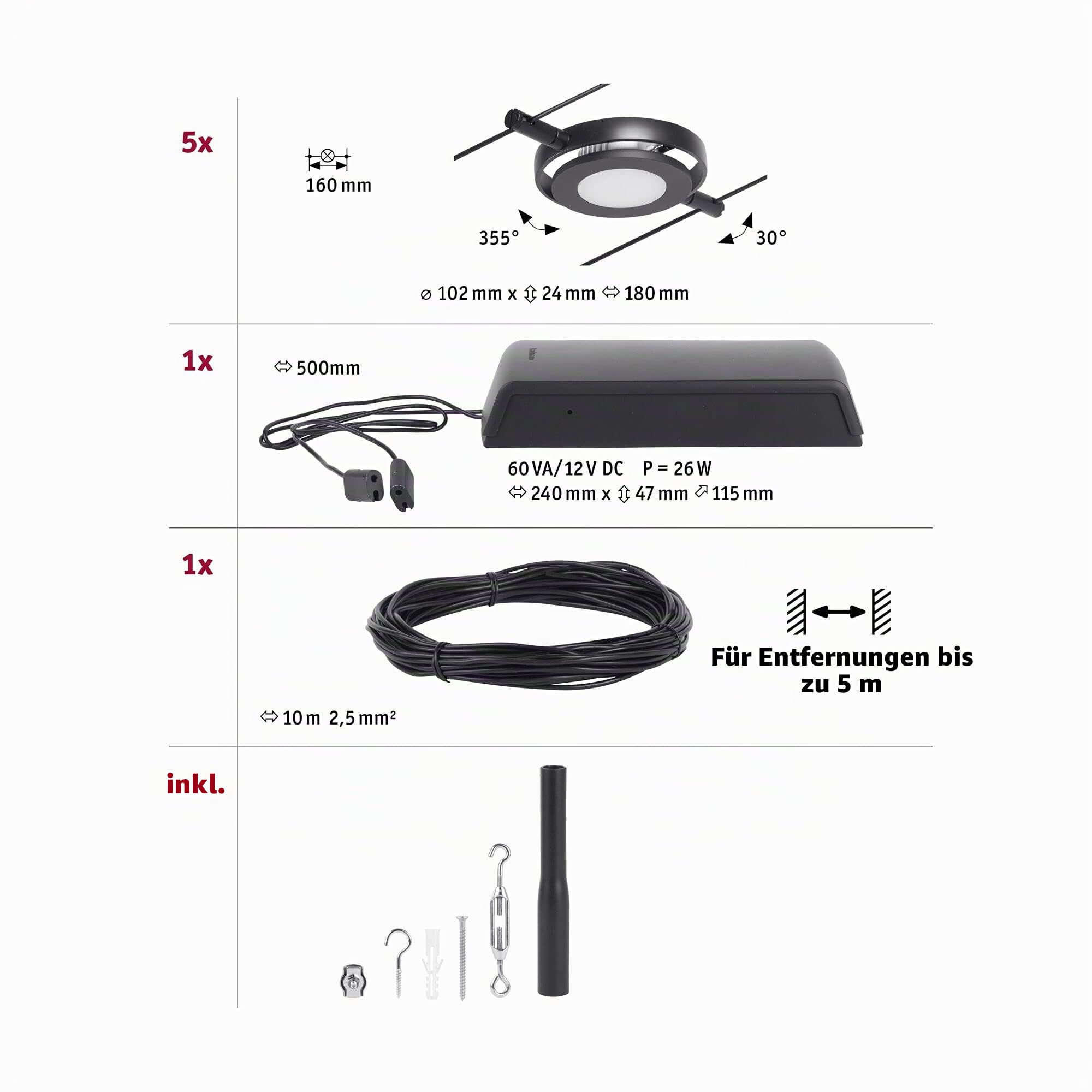 Paulmann Wire Systems RoundMac Seilset 5-flammig Schwarz LED