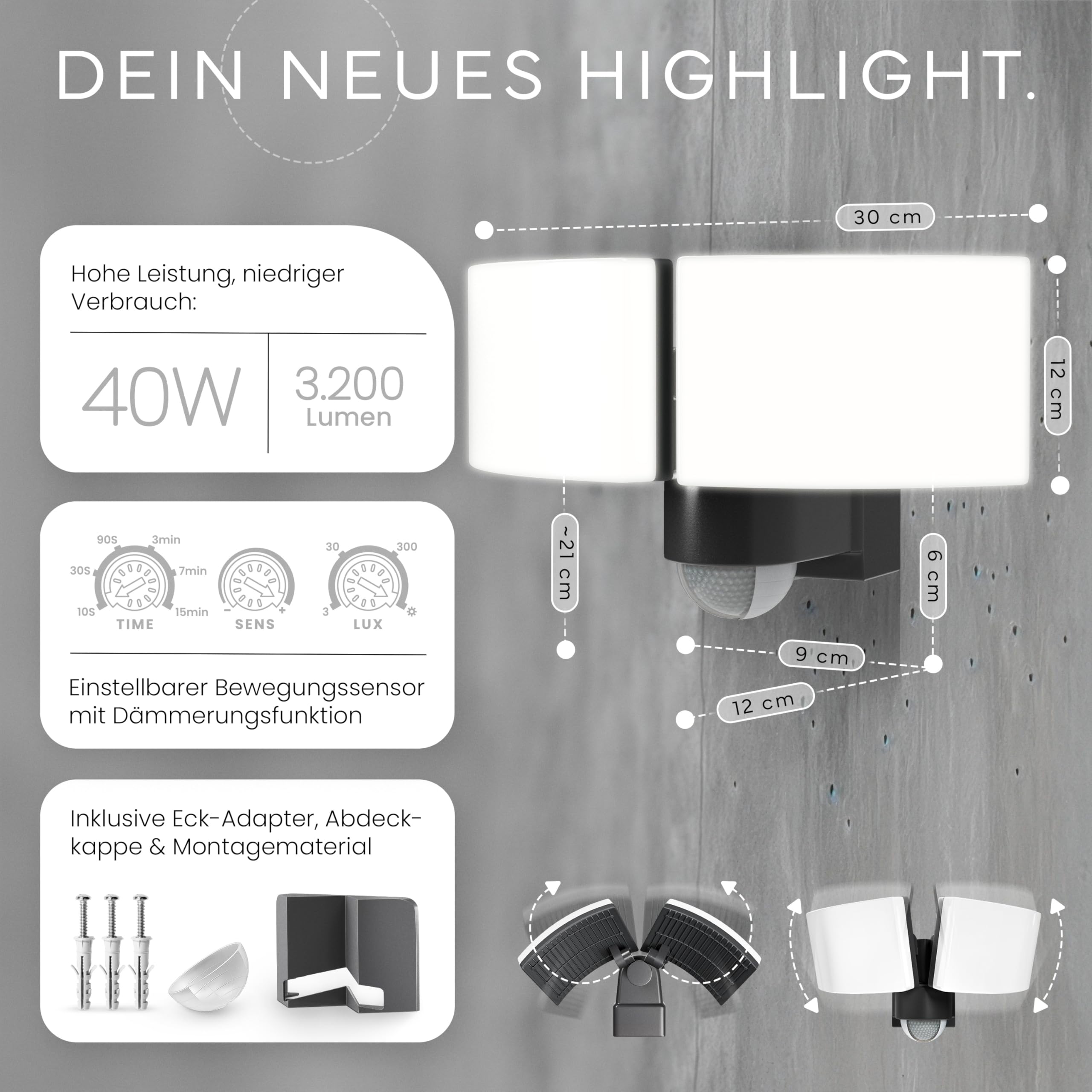 MATO Doppel LED Strahler 40W Außenstrahler Anthrazit 3200 Lumen